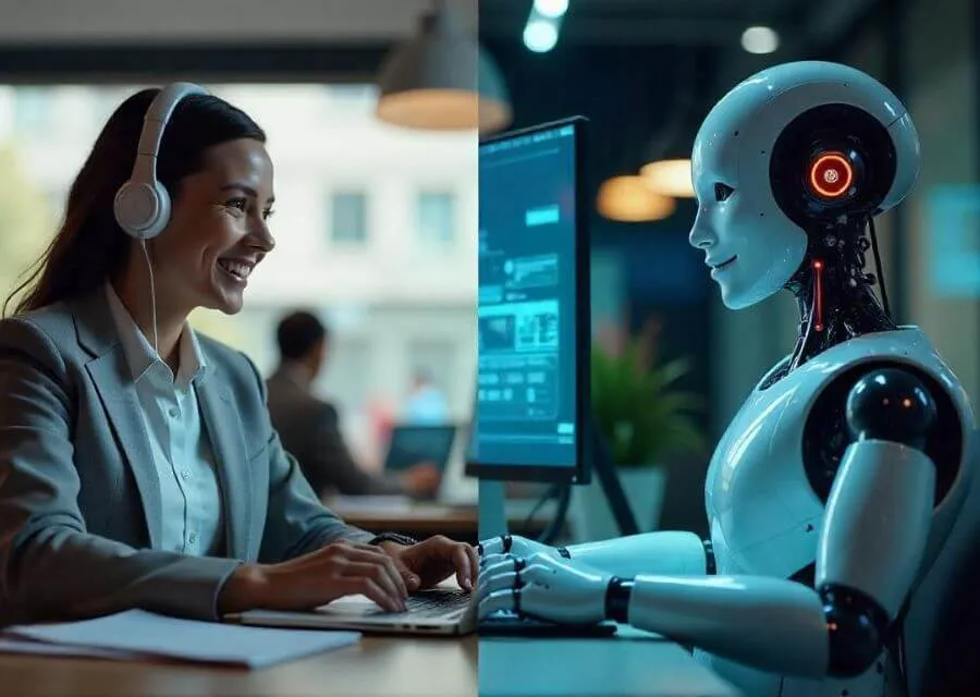 A person in a suit uses a laptop with headphones, while a humanoid robot sits beside a computer displaying digital interfaces.