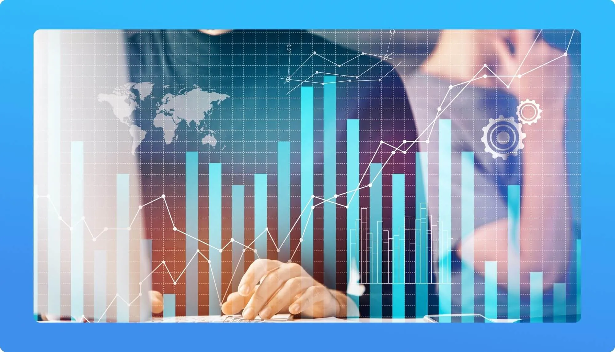 A person analyzes financial data using a laptop, with colorful bar graphs and a world map overlay on a digital interface.