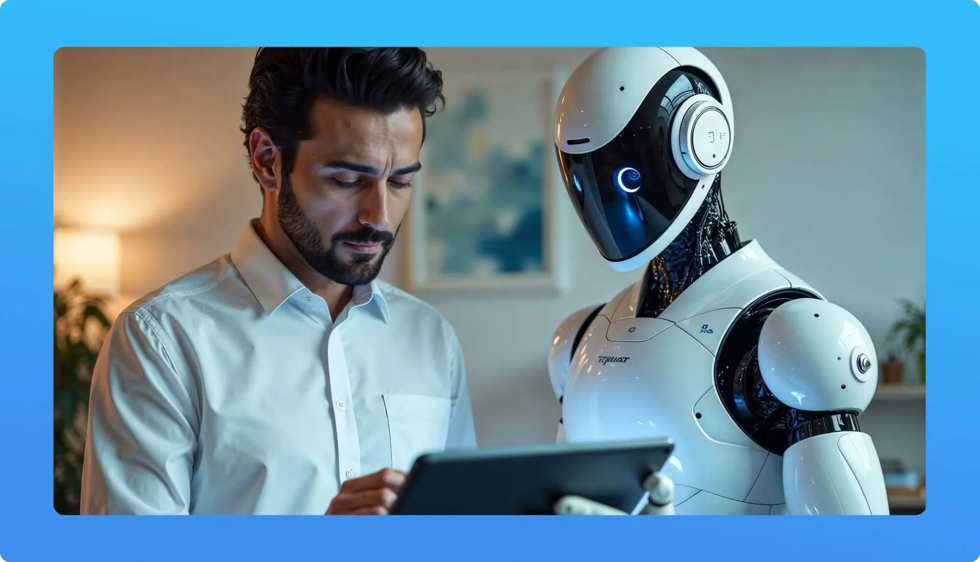 A human and a futuristic robot interact, with the robot displaying advanced technology and a sleek, glossy design against a cozy background.