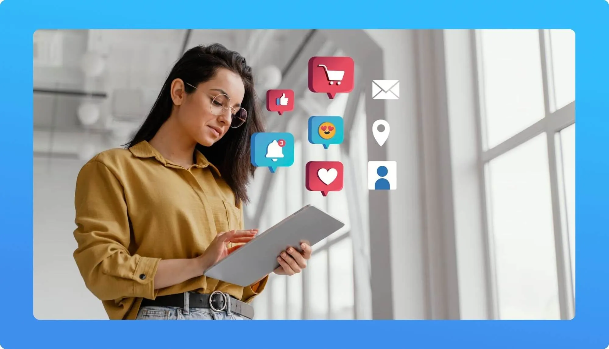 A person in a mustard-colored shirt is using a tablet, surrounded by social media icons and notifications in a bright, modern setting.