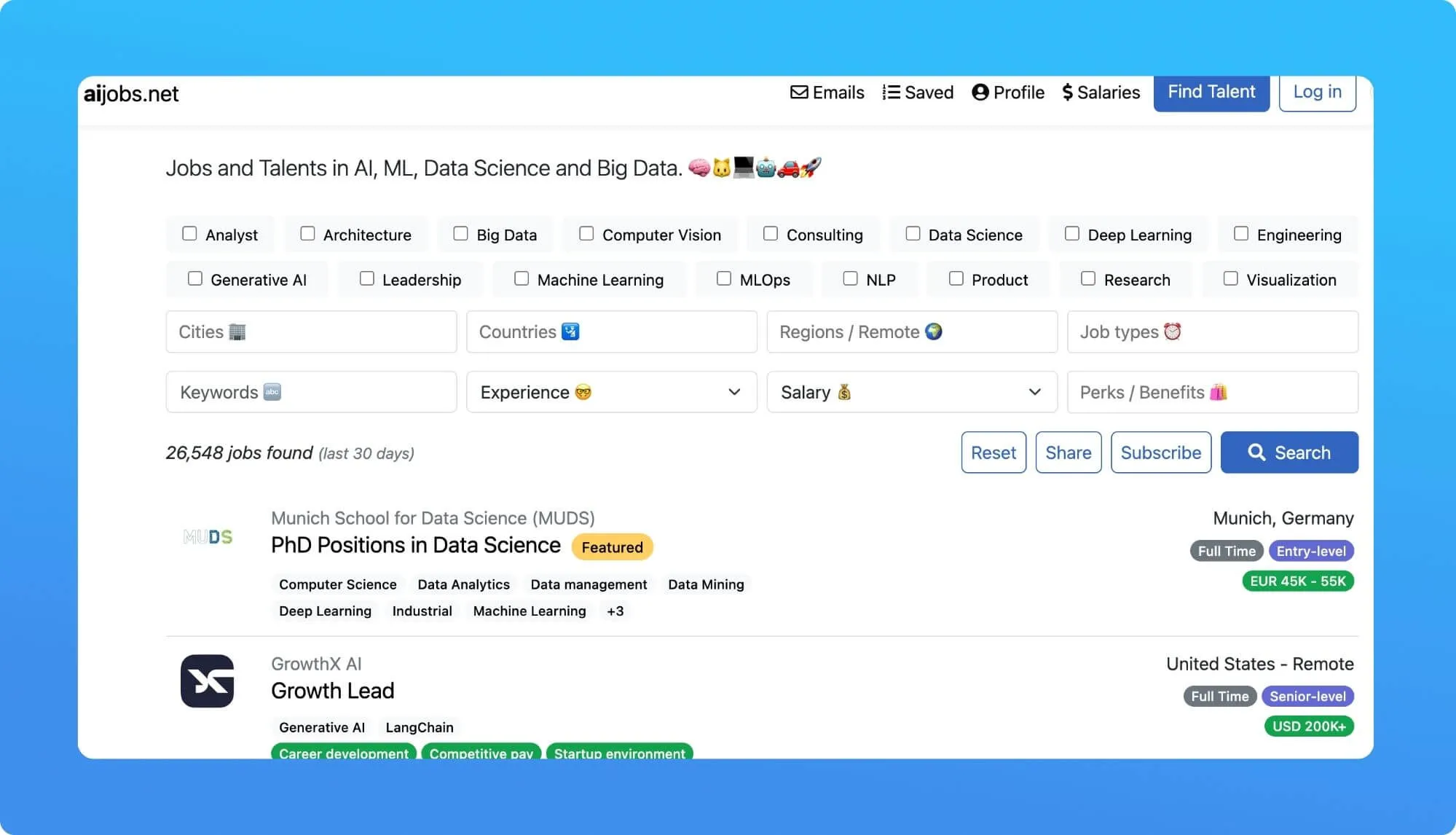 Screenshot of a job board website