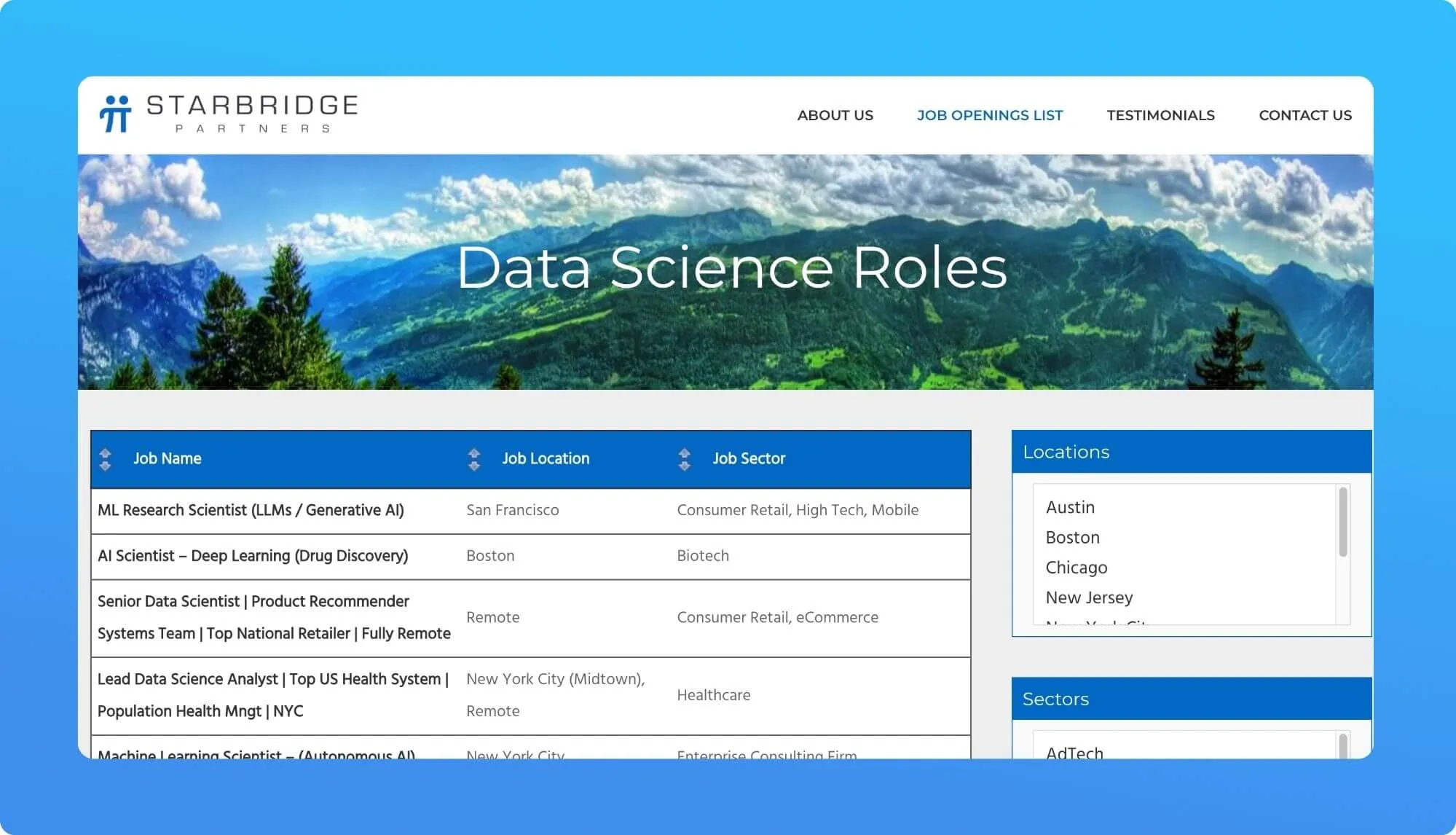 Screenshot of a job board website