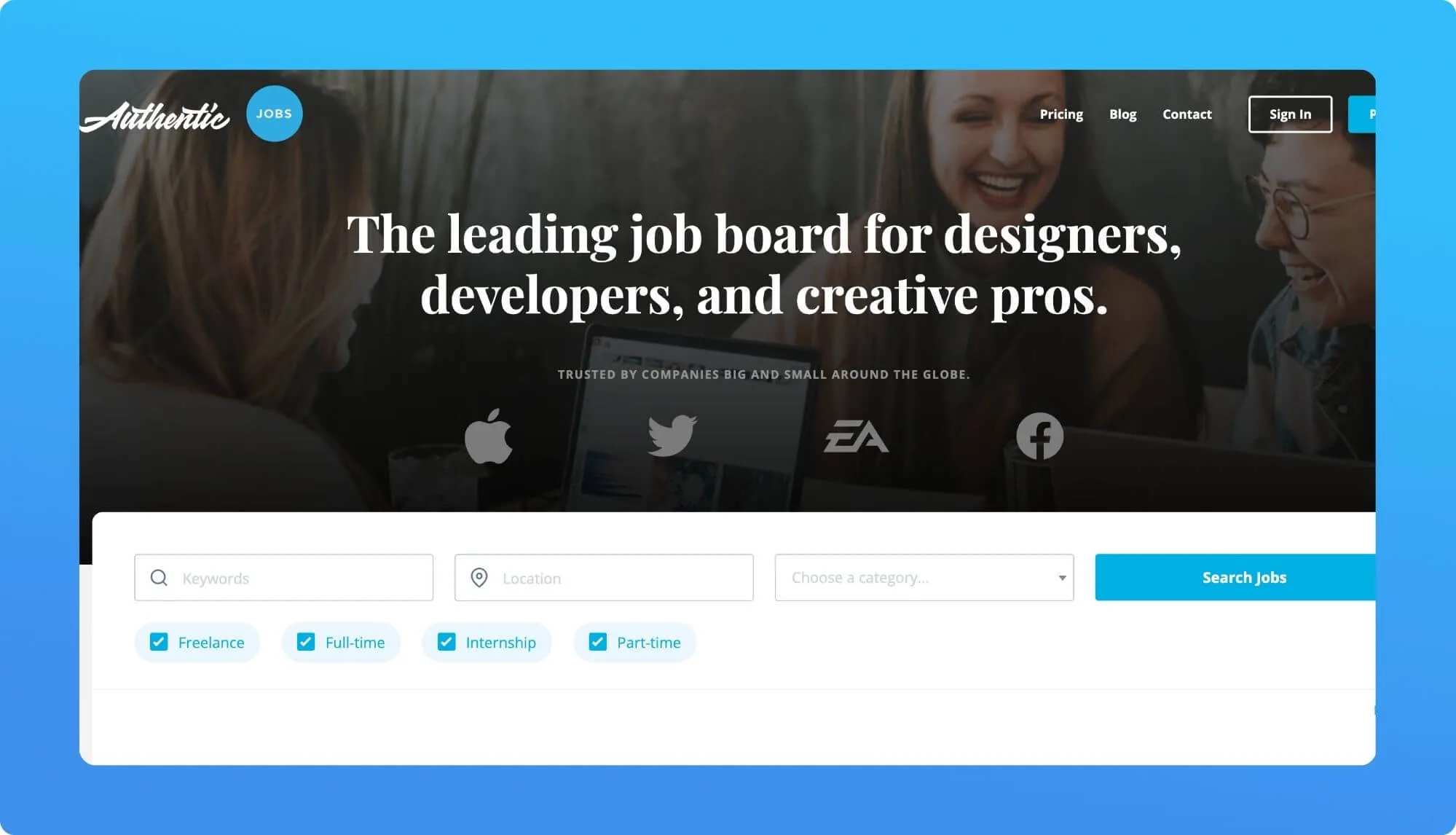 Screenshot of a job boad for creatives