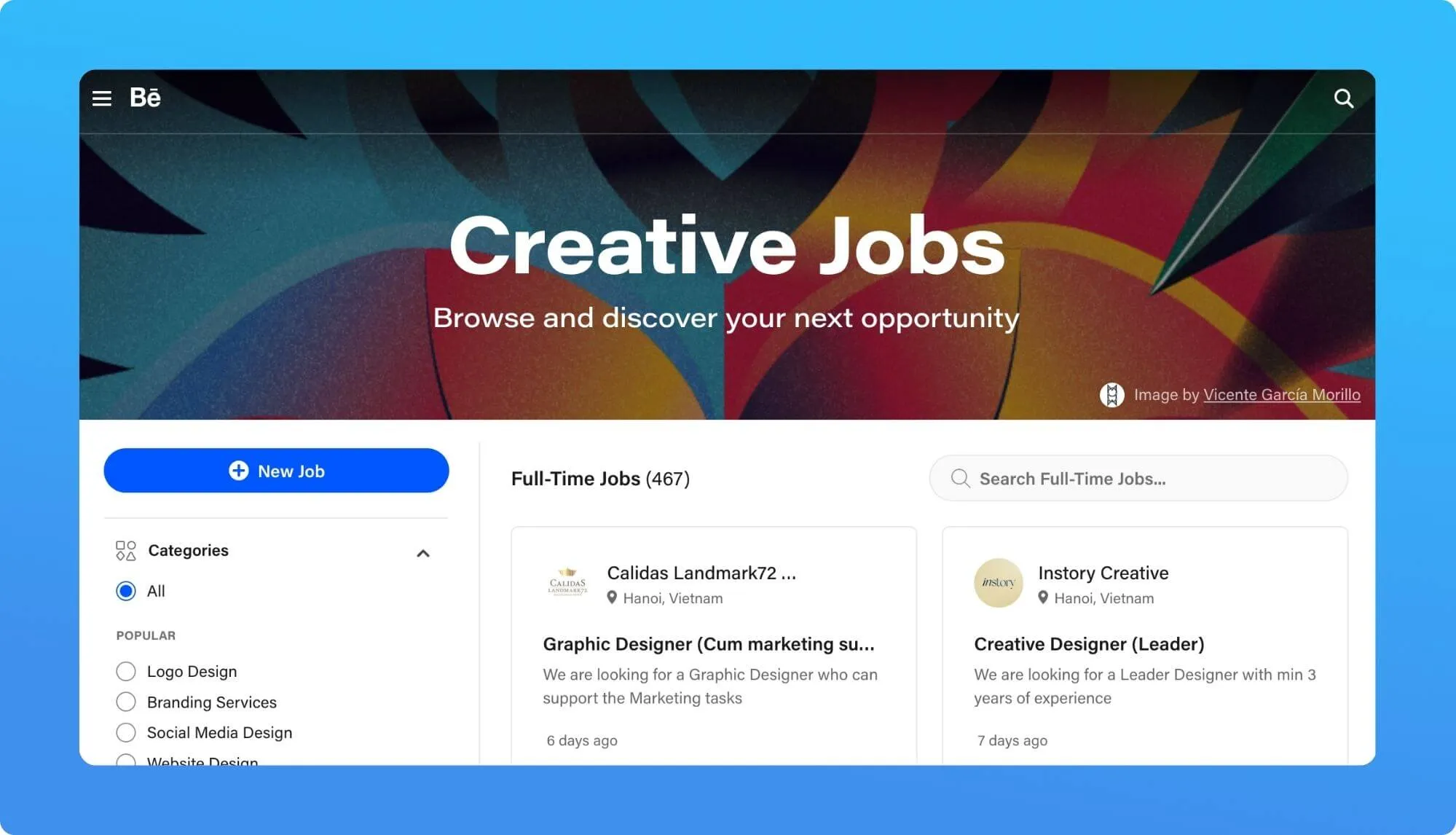 Screenshot of a job boad for creatives