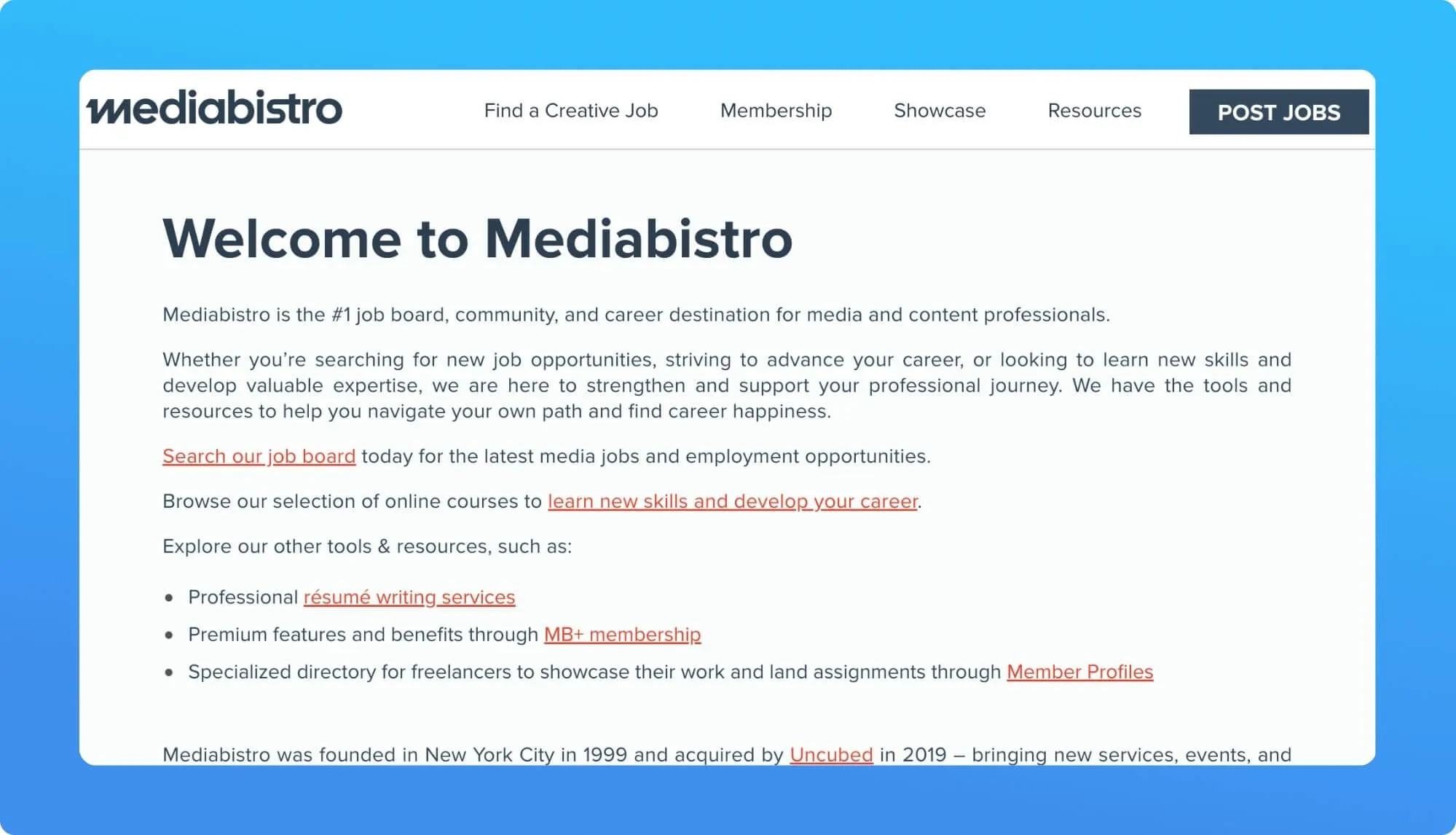 Screenshot of a job boad for creatives