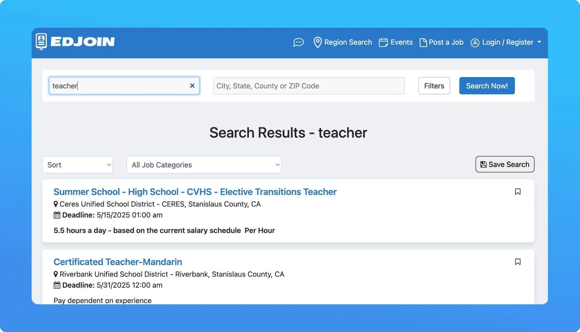 Screnshot of an education job board