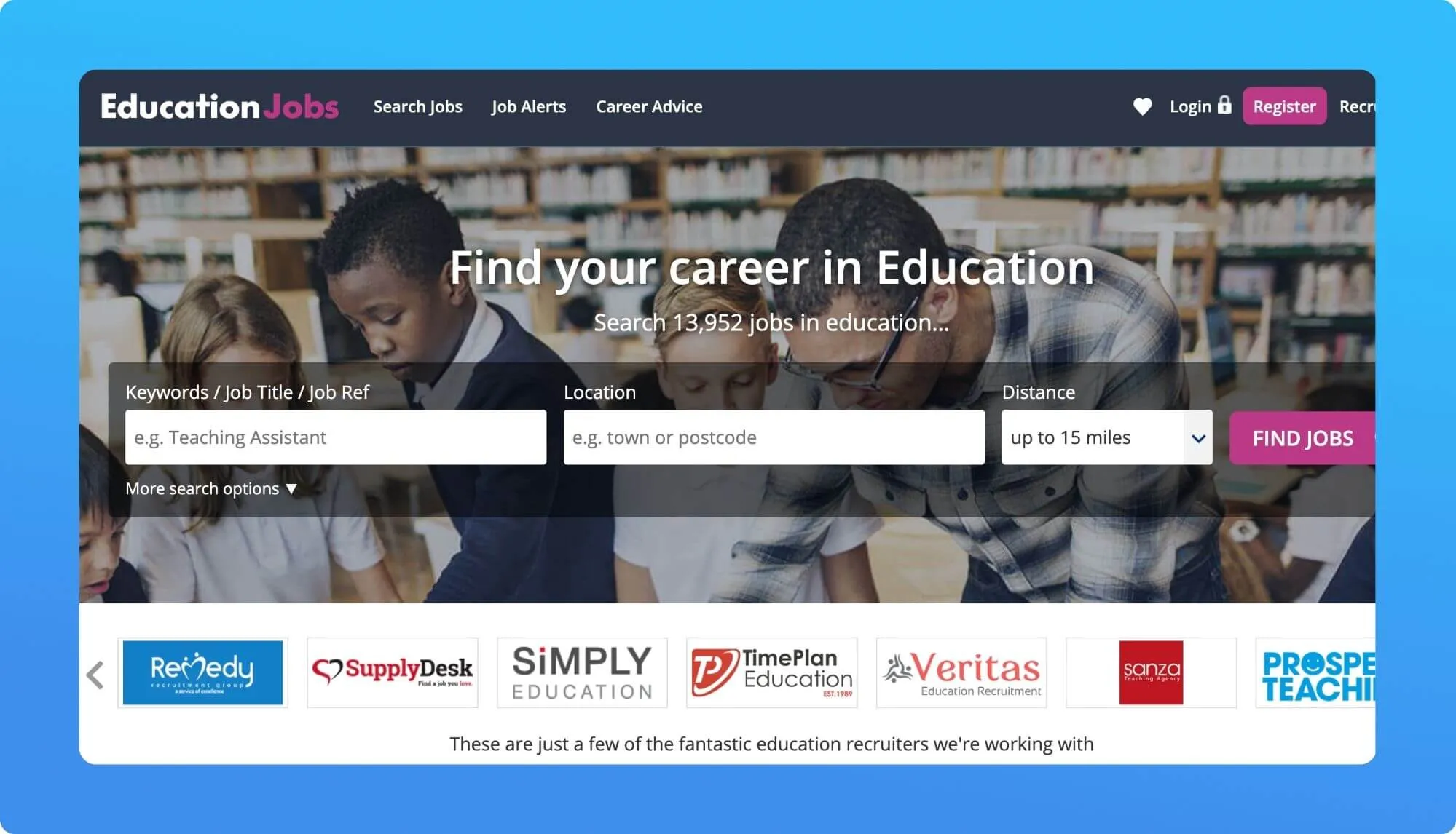 Screnshot of an education job board