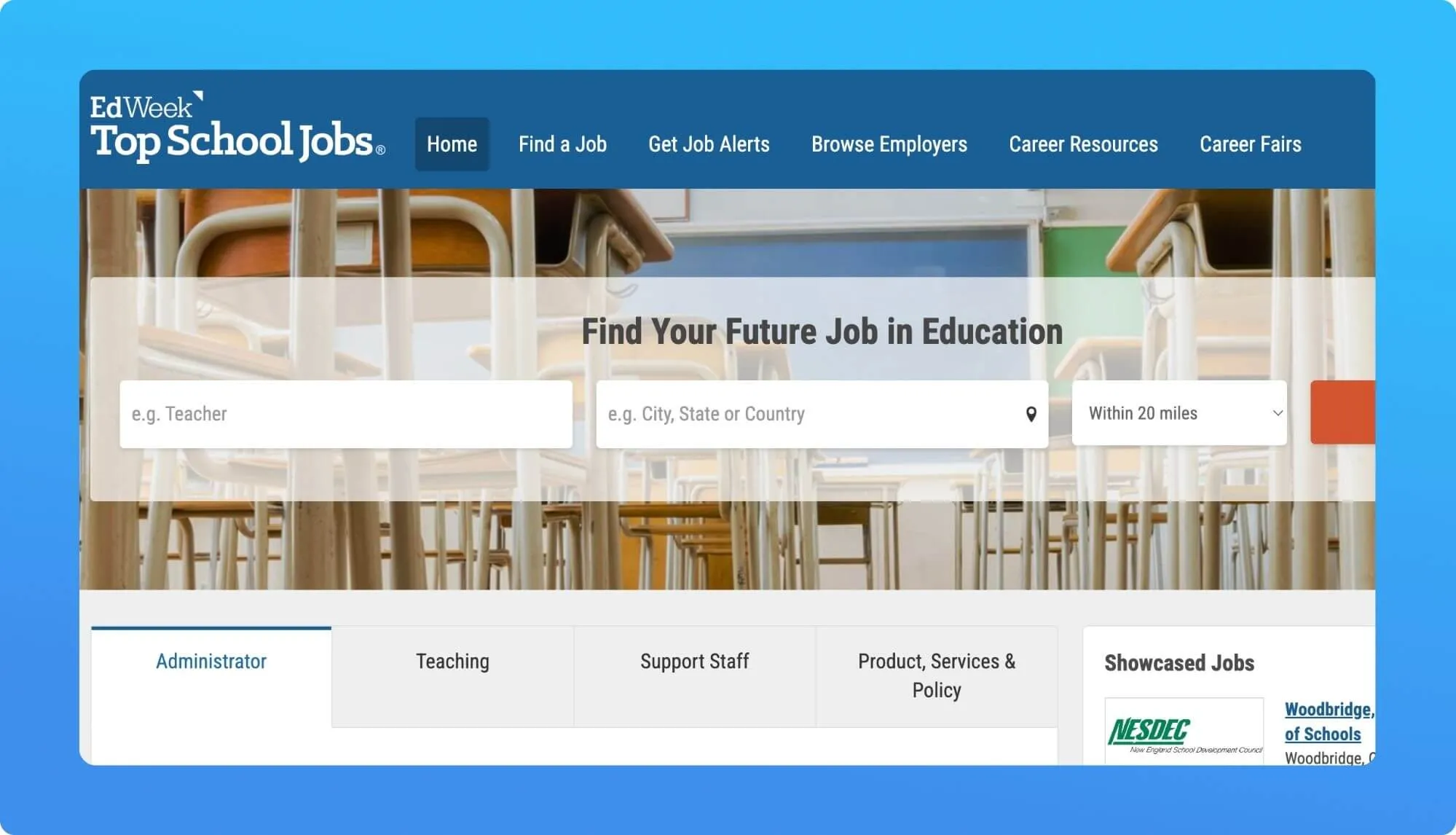 Screnshot of an education job board