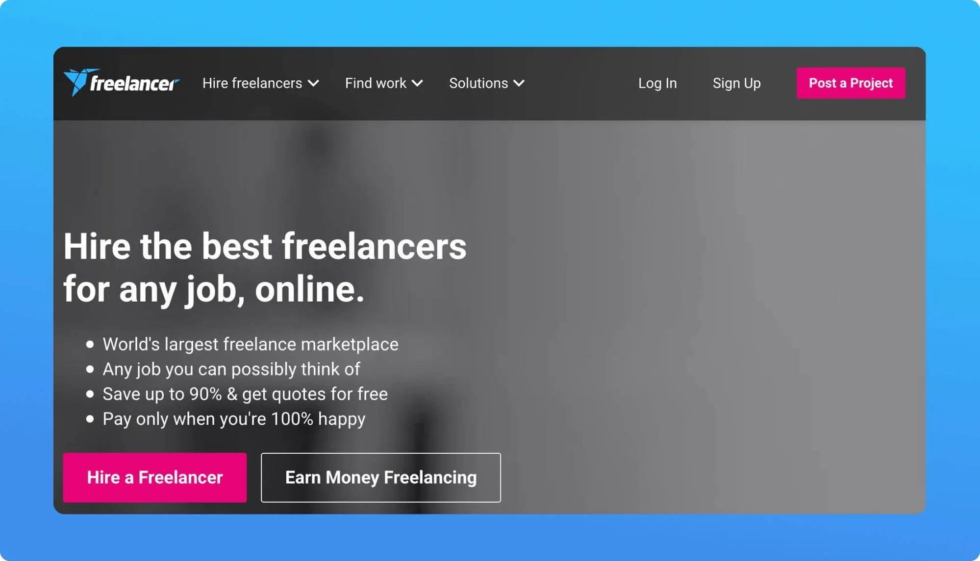 Screenshot of a job board for freelancers