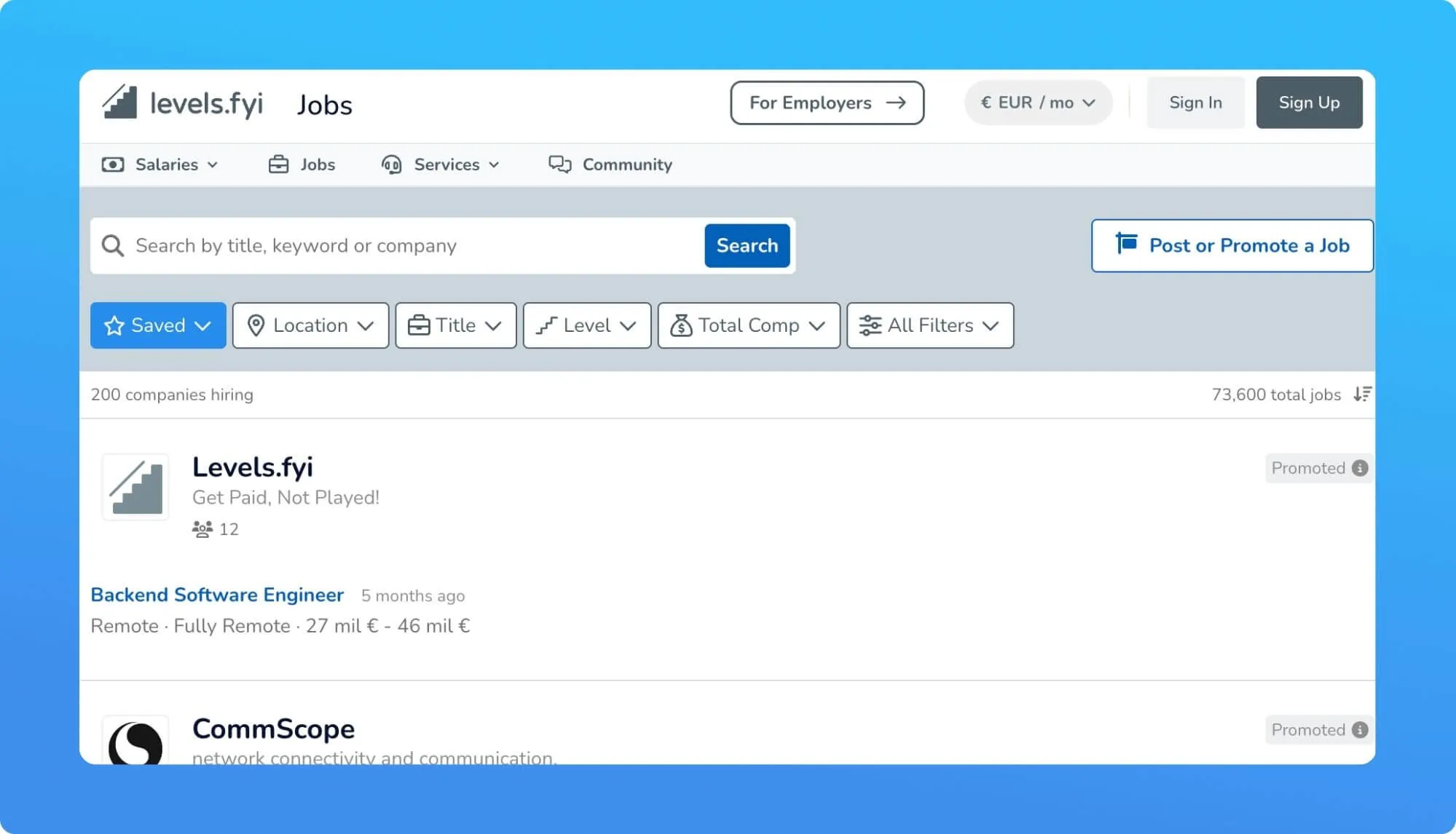 Screenshot of a Tech Job Board