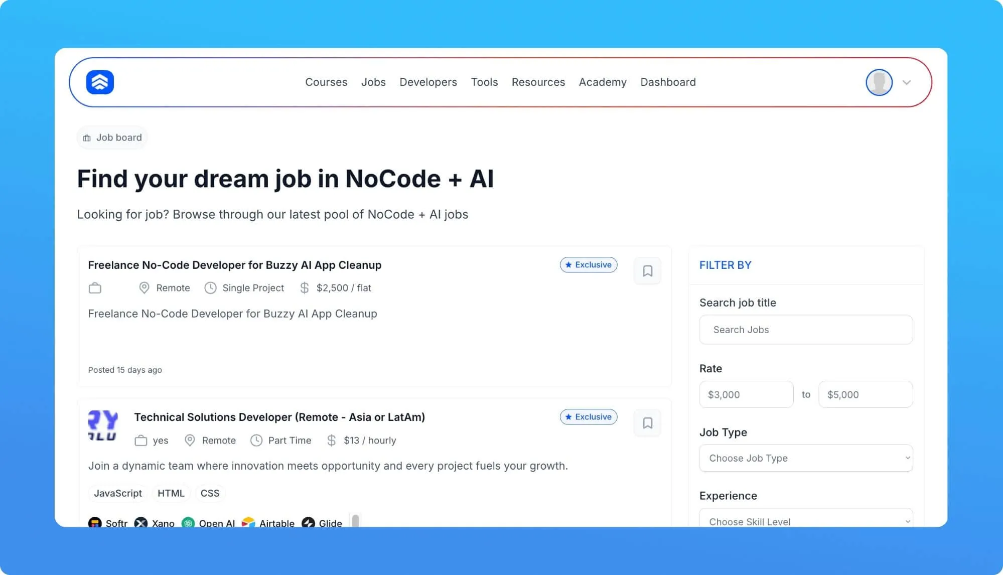 Screenshot of a no-code job board