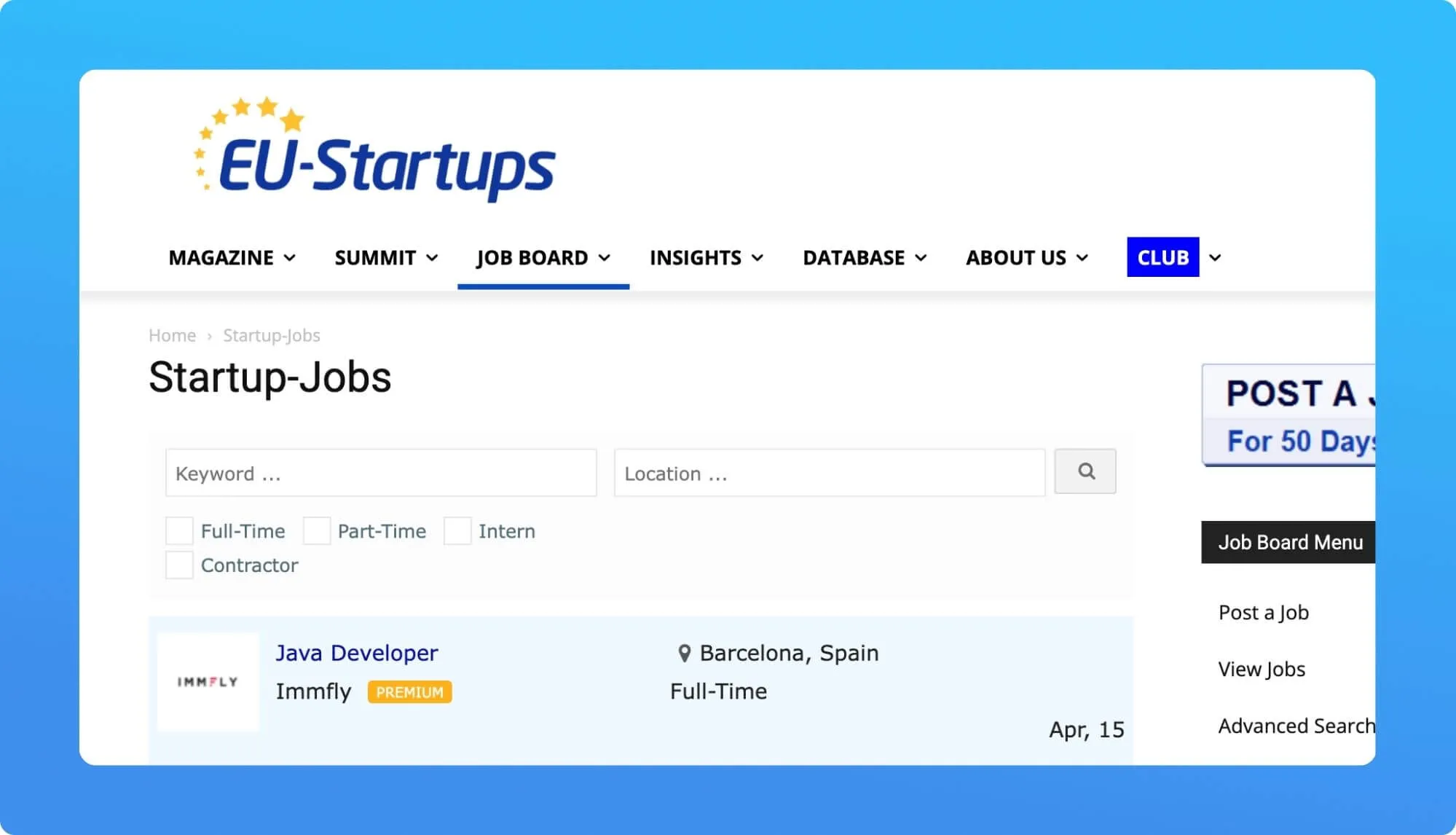Screenshot of a job board website