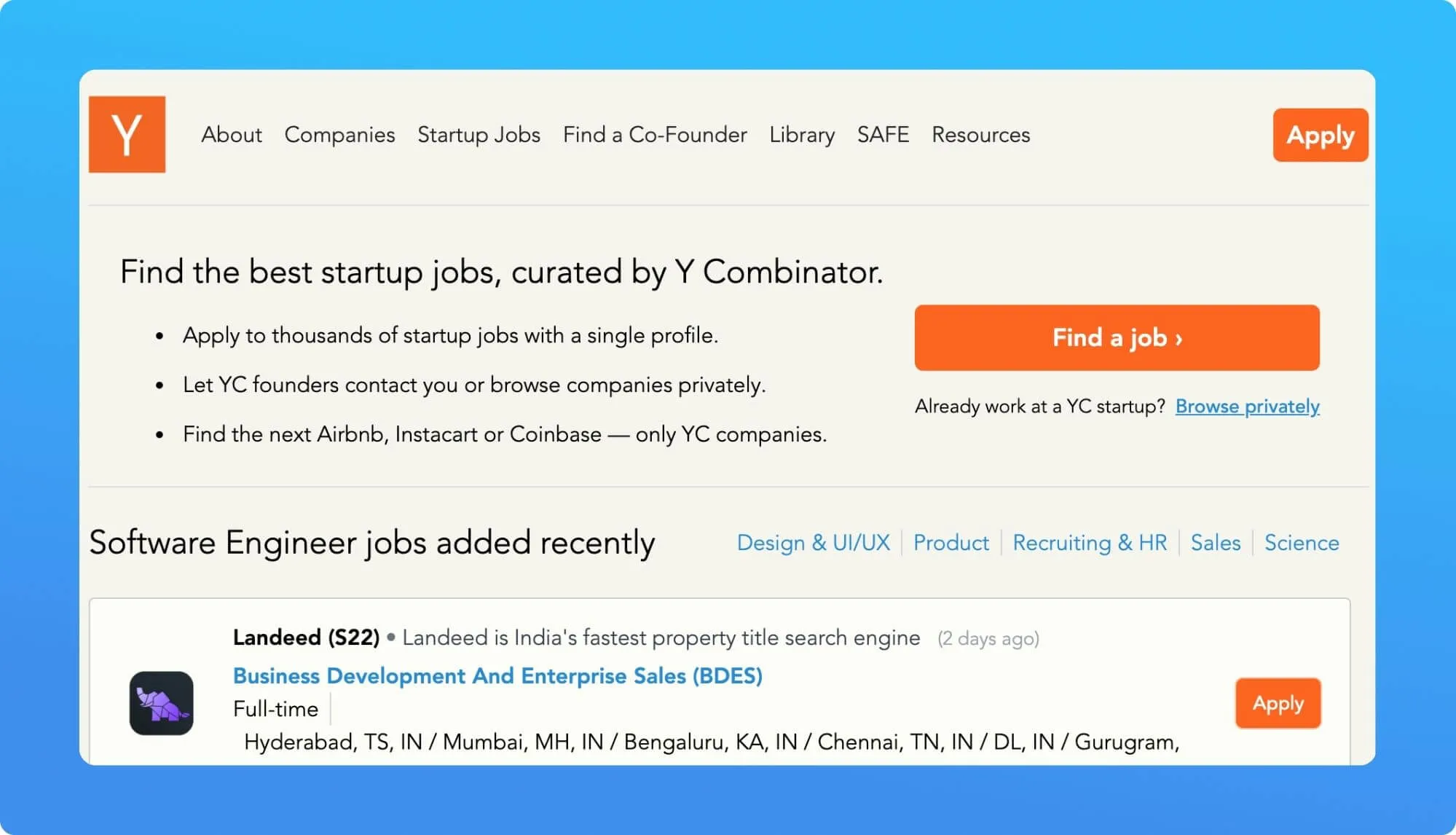 Screenshot of a job board website