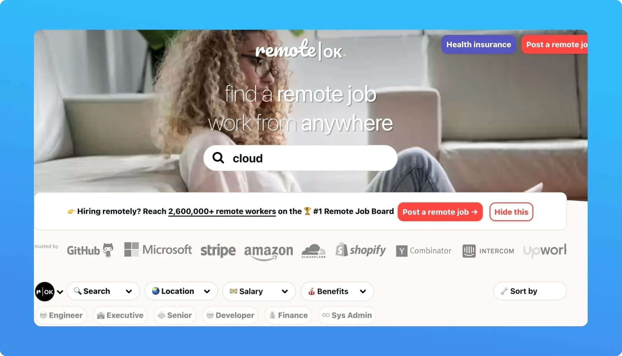 Screenshot of a remote job board website