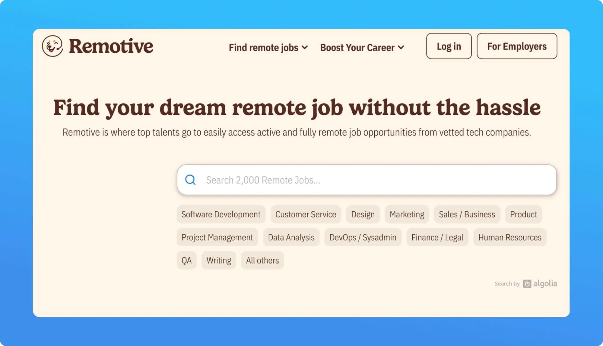 Screenshot of a remote job board website