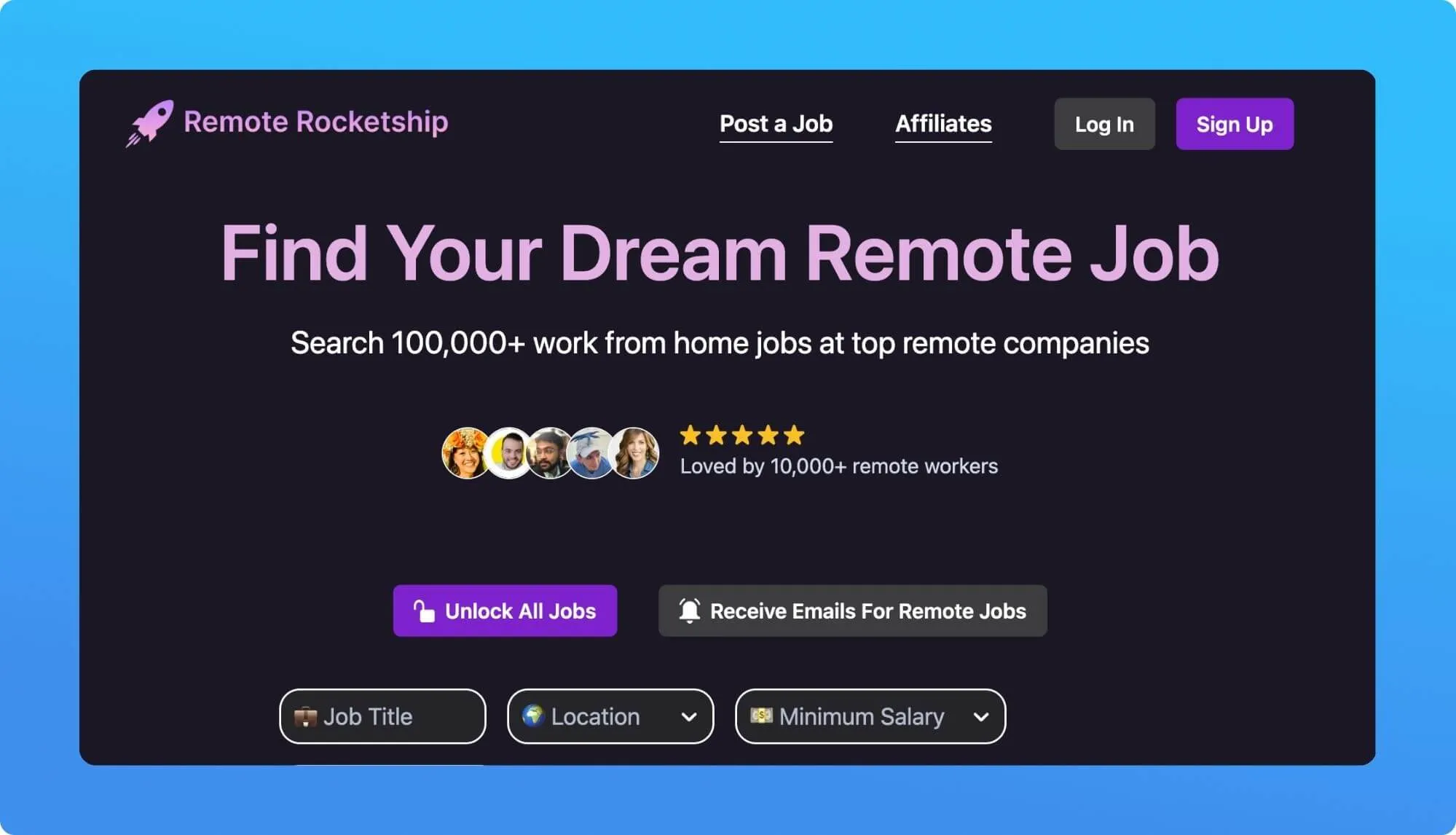 Screenshot of a remote job board website
