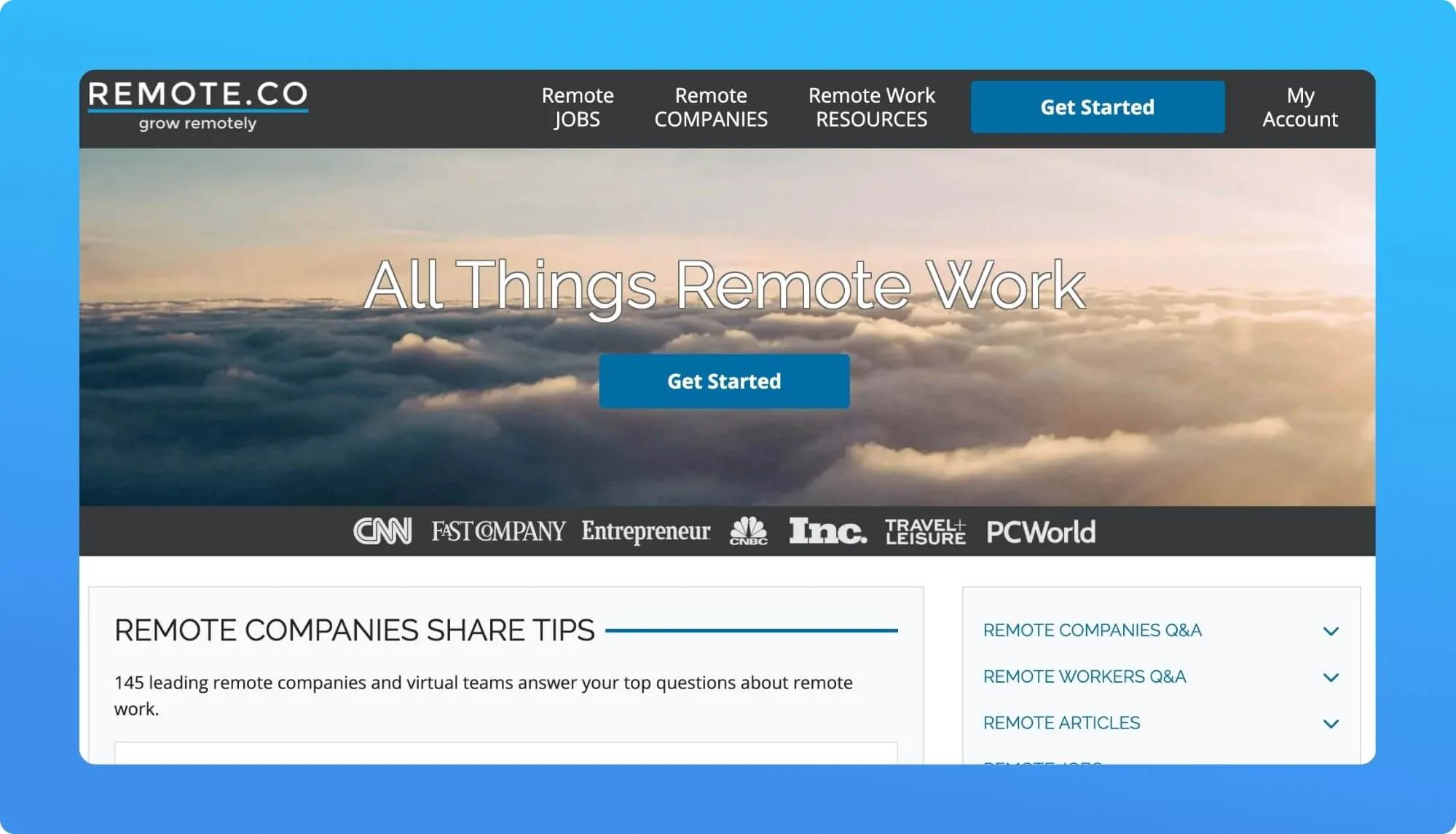 Screenshot of a remote job board website