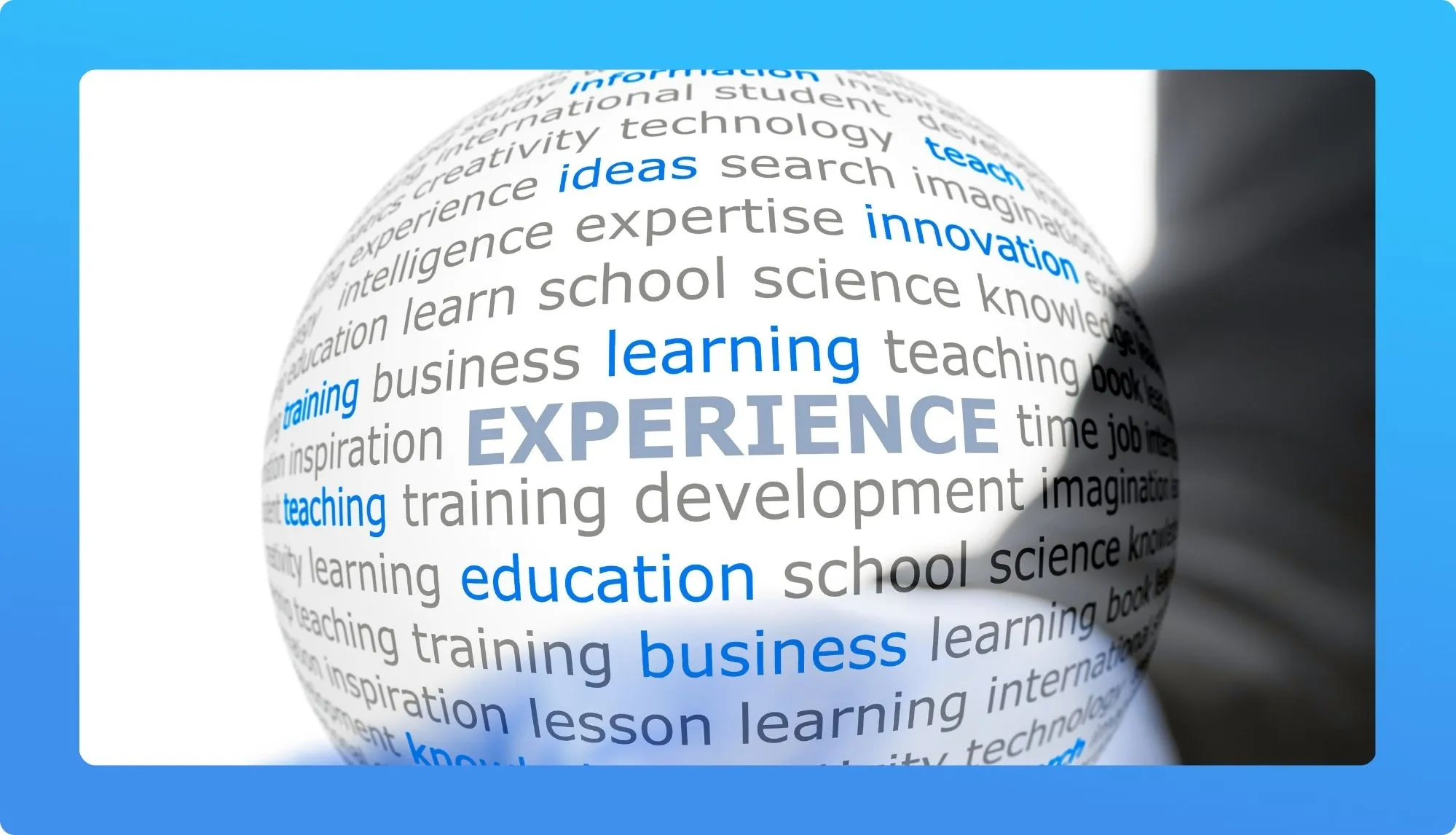 A 3D sphere covered in keywords like "experience," "learning," and "education," highlighting themes of training and knowledge.