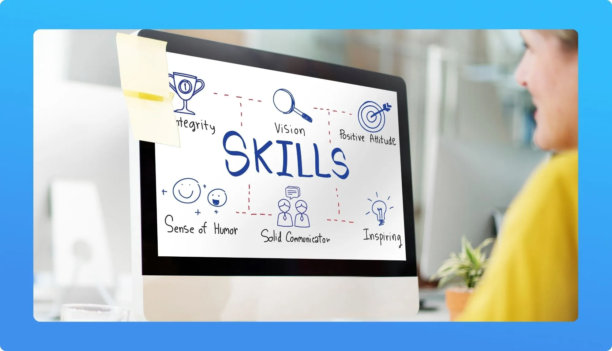 A computer monitor displays a skills diagram highlighting attributes like integrity, vision, positive attitude, and sense of humor.