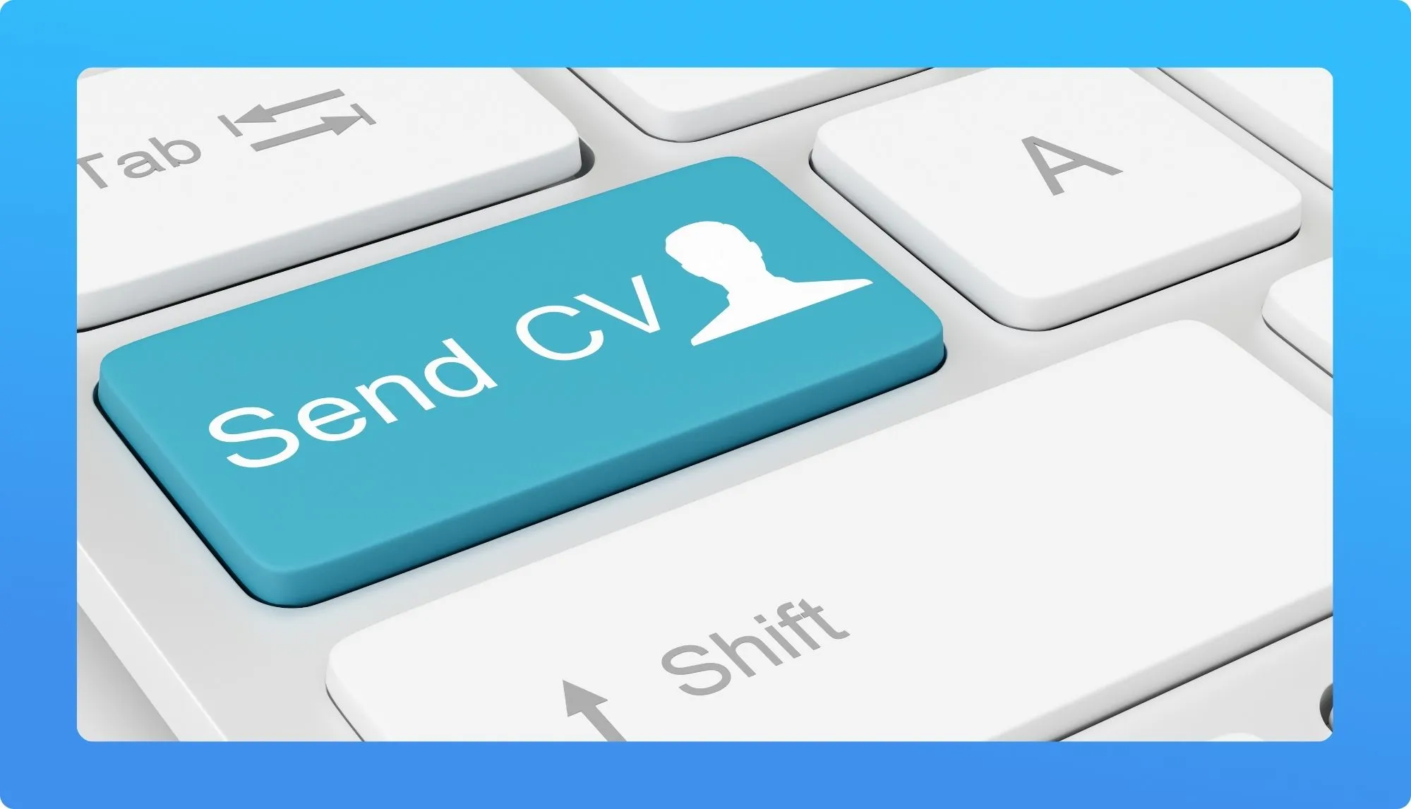 A close-up of a computer keyboard with a prominent blue key labeled "Send CV," featuring a person icon beside the text.