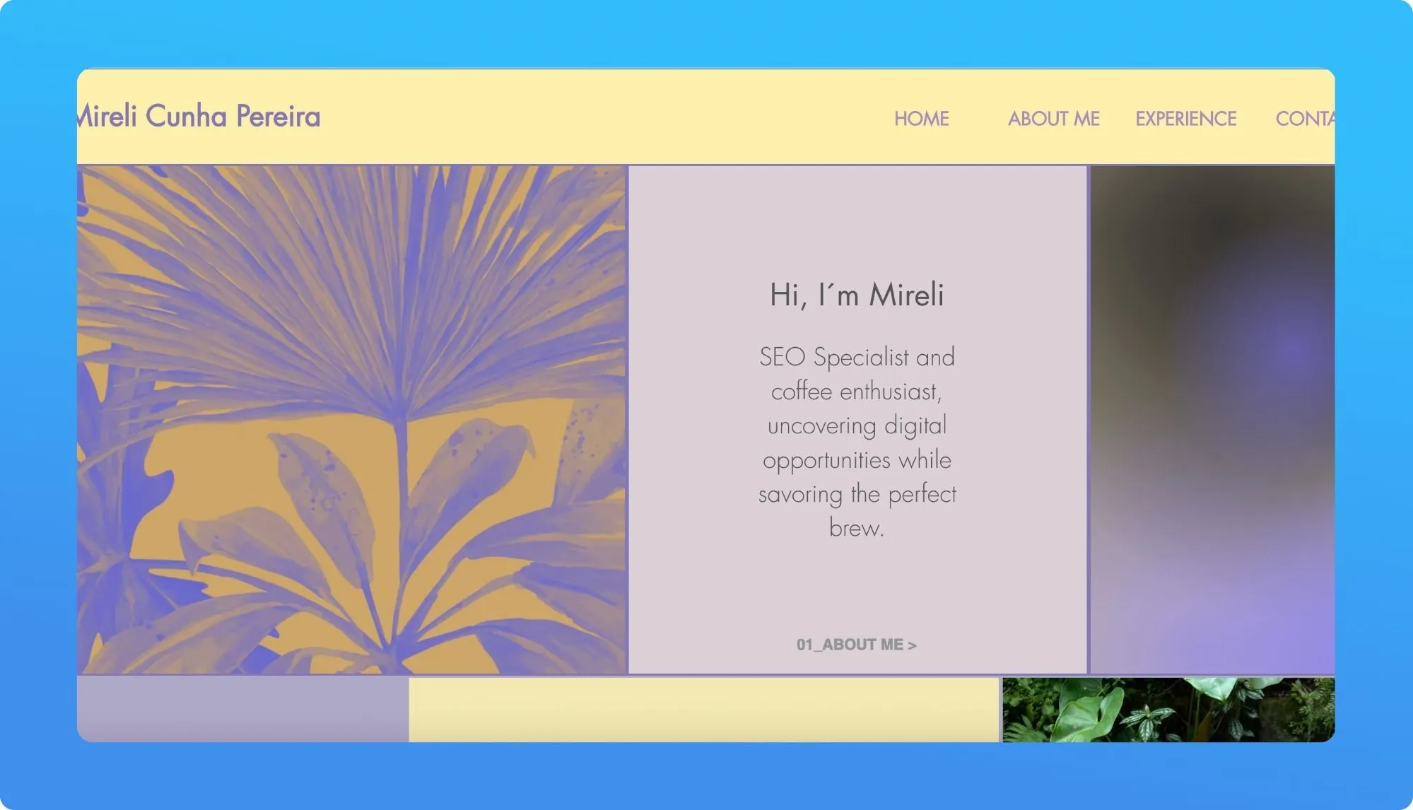 A modern website layout featuring a greeting from Mireli, an SEO specialist.