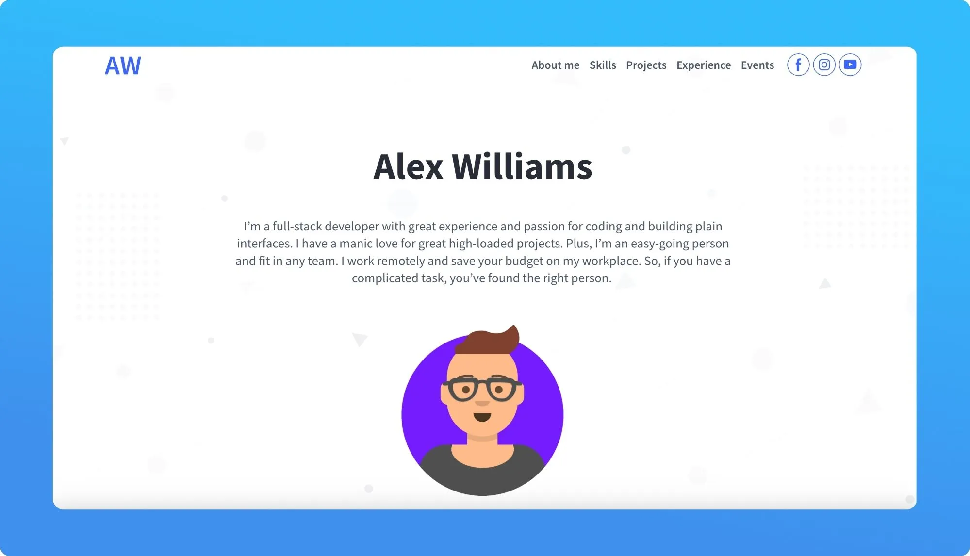 Profile webpage of Alex Williams, a full-stack developer.