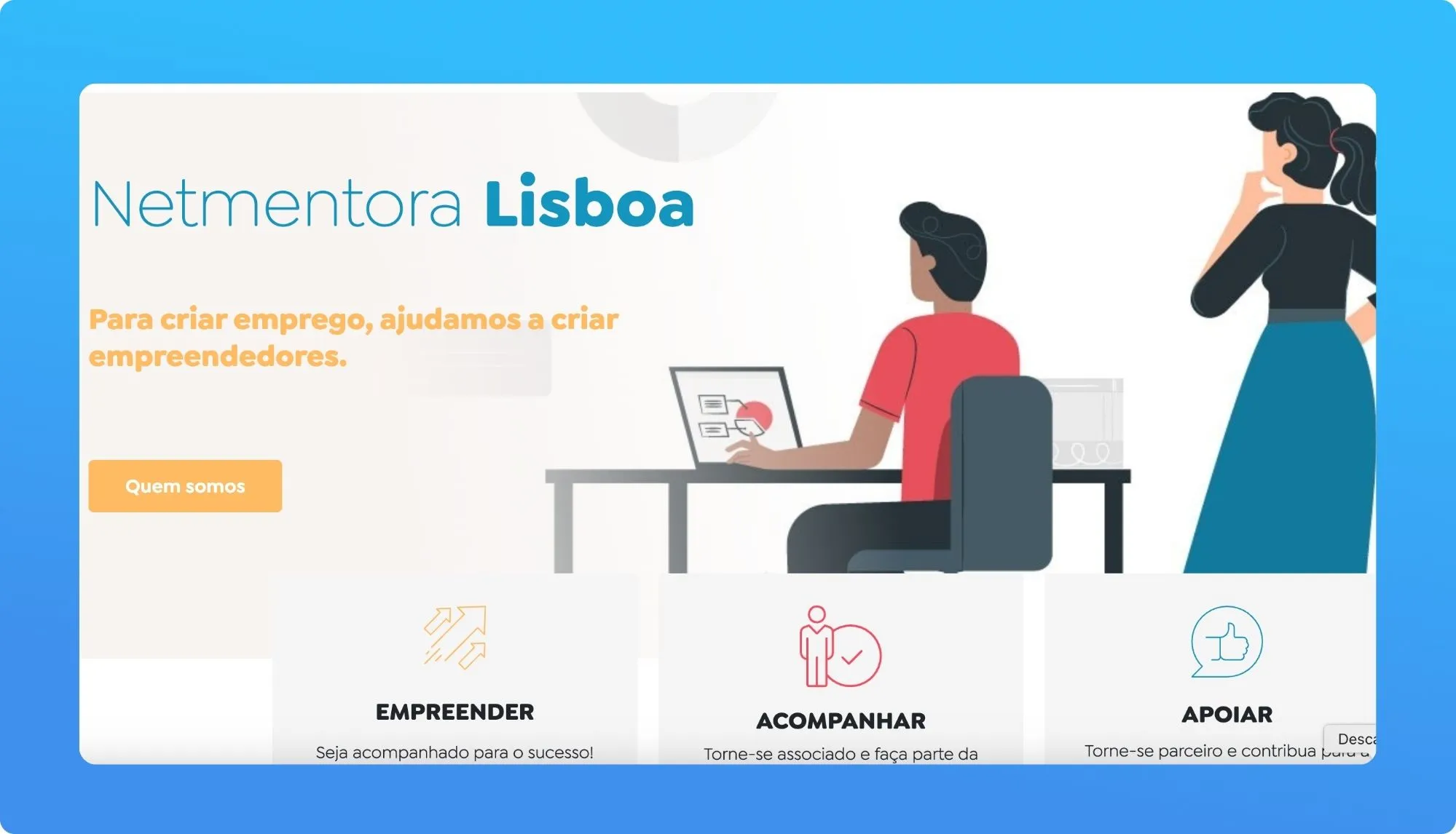 Website interface for Netmentora Lisbon, promoting entrepreneurship and job creation with options to learn more and get involved.