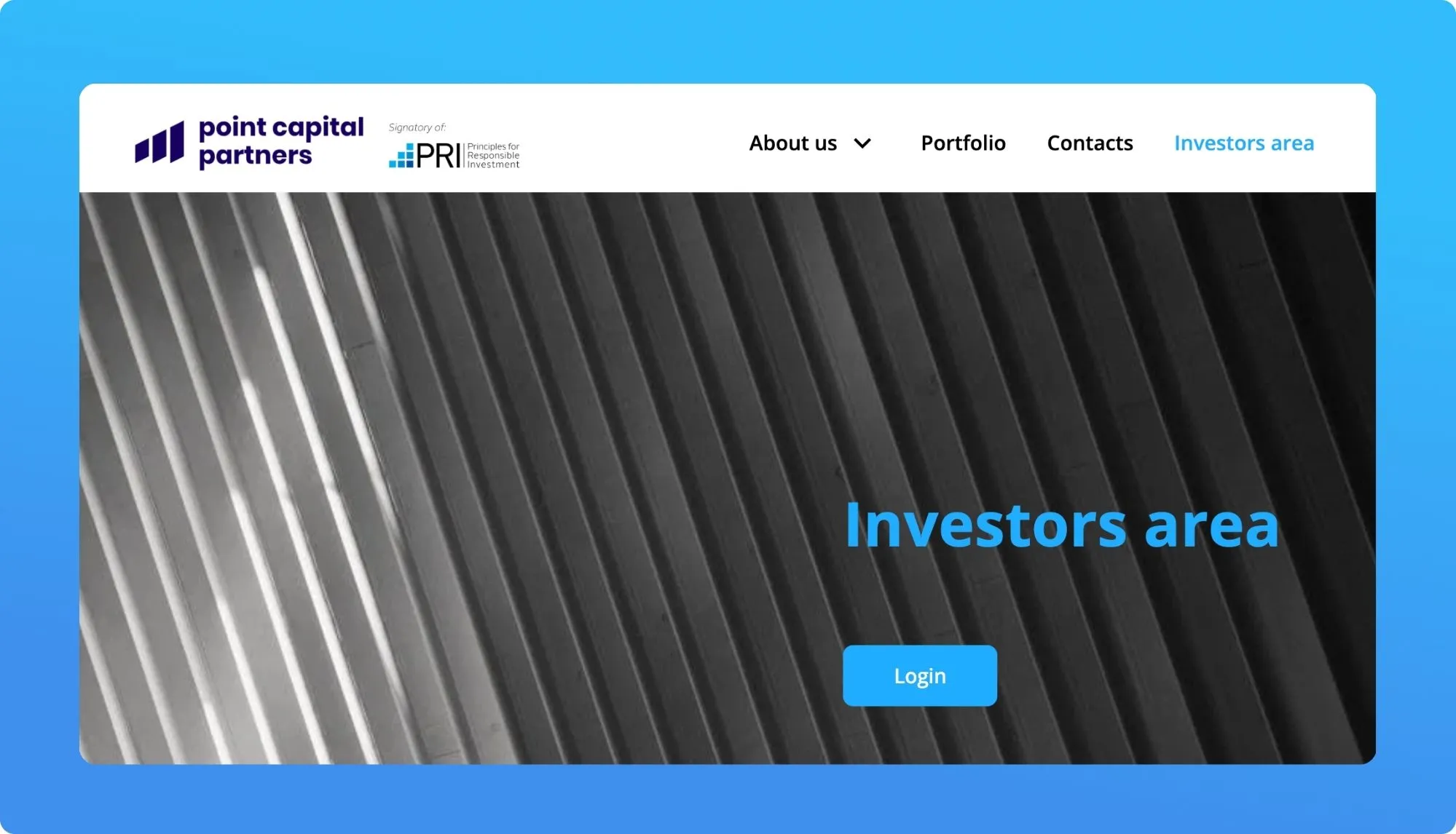 Webpage screenshot for Point Capital Partners featuring an "Investors area" section with a login button and branding elements.