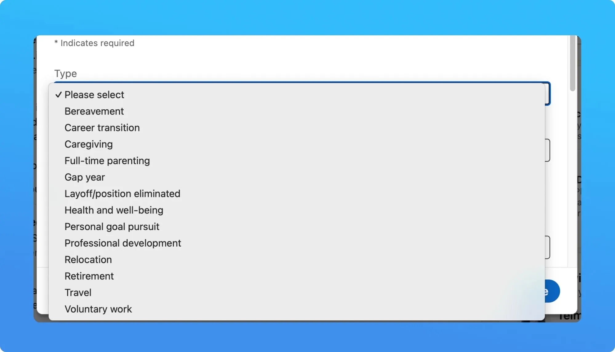 Dropdown menu displaying options like "Career transition," "Health and well-being," and "Travel" against a blue background.