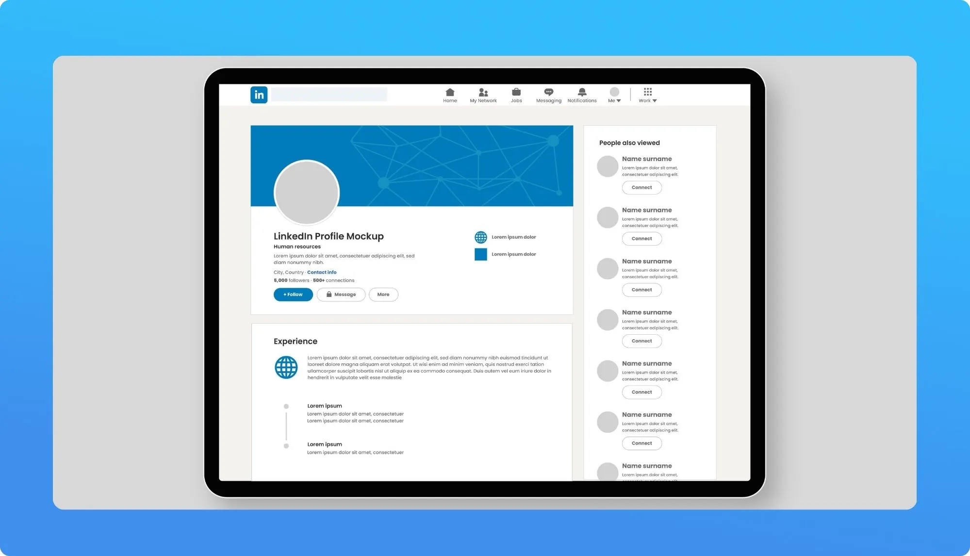 Mockup of a LinkedIn profile displayed on a tablet, showcasing user information, experience, and connection suggestions.