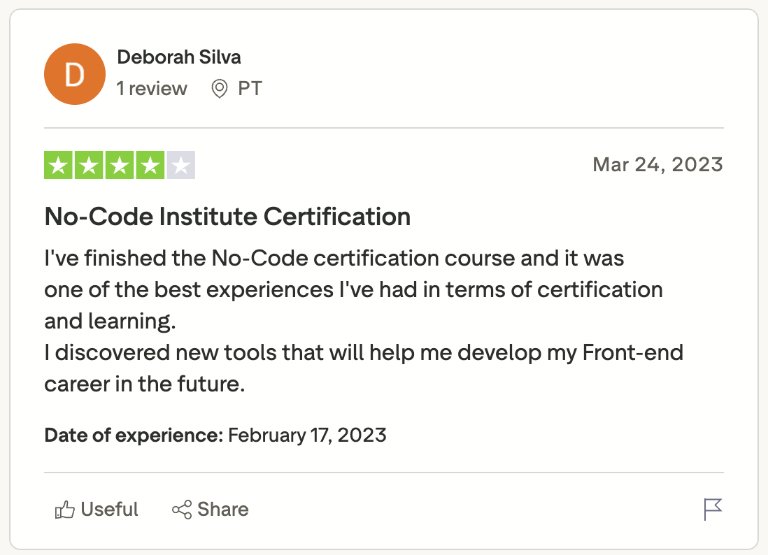 Deborah's review on Trustpilot