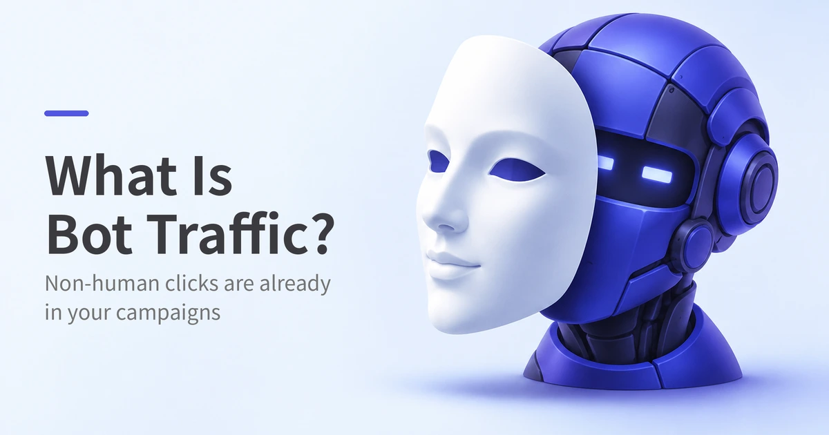 What is bot traffic? A blue robot holds a human mask in front of its face, posing as a real user