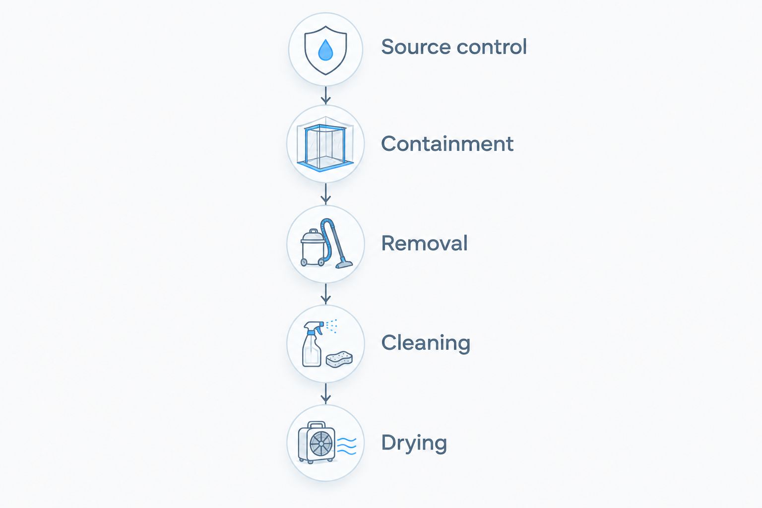 Professional sewage cleanup stages from source control through drying