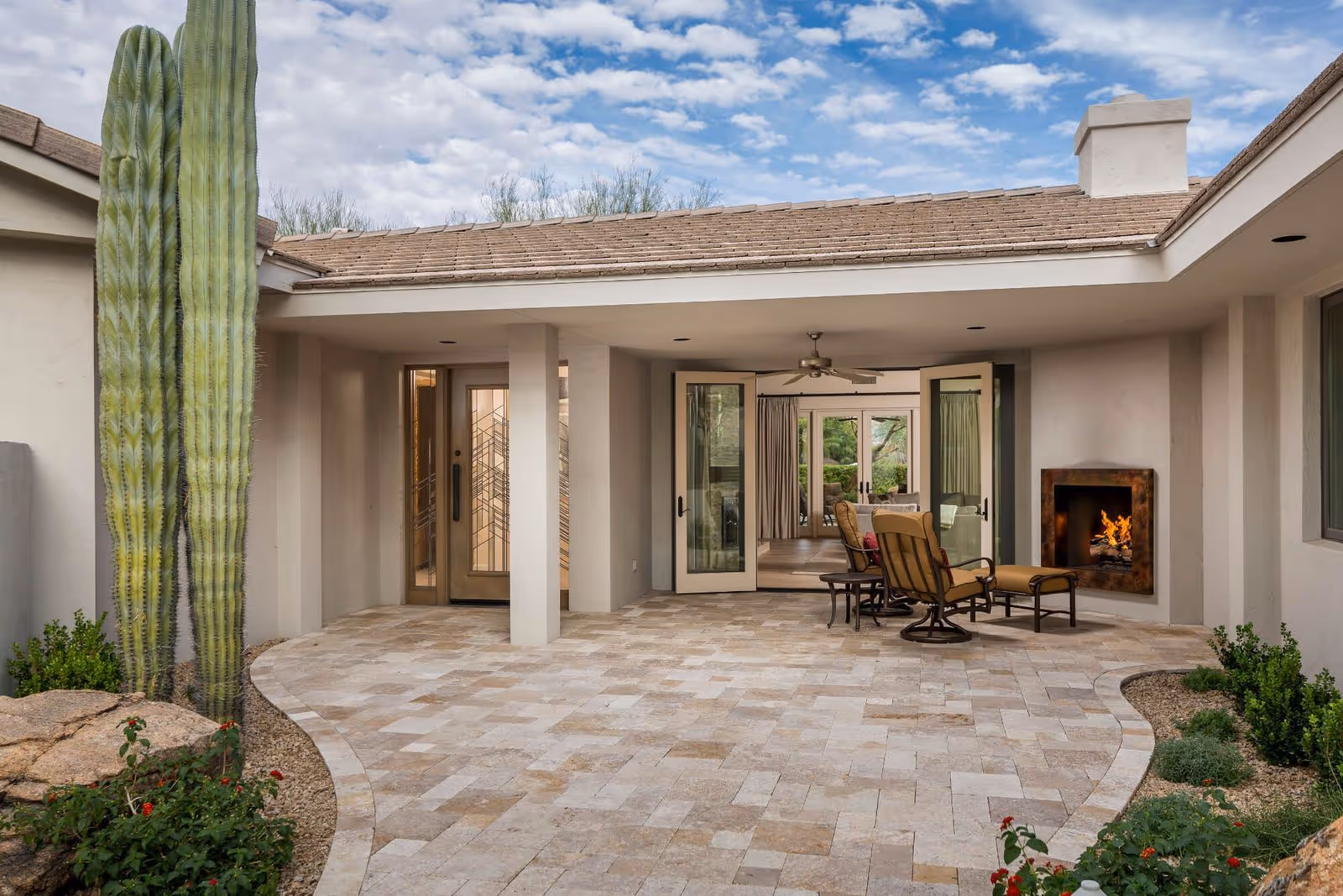 modern outdoor fireplace for Arizona interior design by Sesshu Design Associates