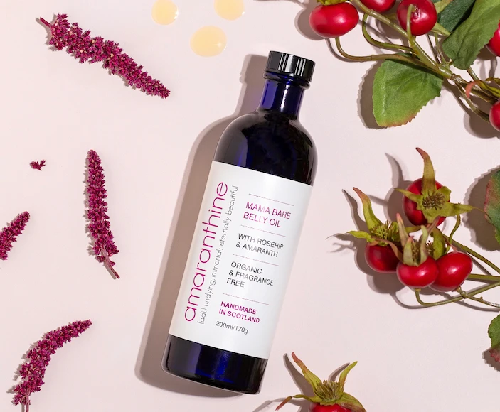 Mama Bare Belly Oil, a natural pregnancy tummy oil made with rosehip and botanical oils.