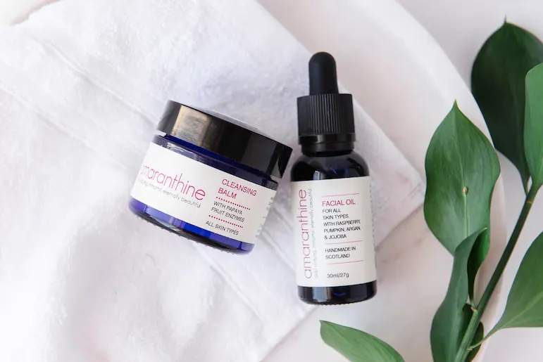 Small-batch natural skincare products handcrafted in Scotland, including a cleansing balm and face oil.