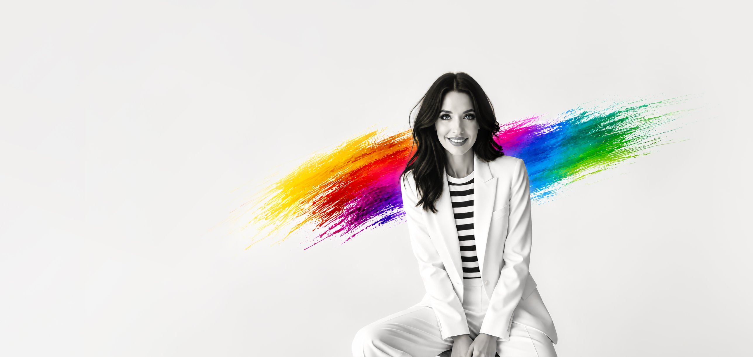 Alisa Glutz smiling in a white suit, with a bright rainbow brushstroke behind her