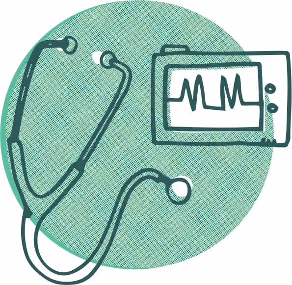 Illustration of a stethoscope and heart monitor.
