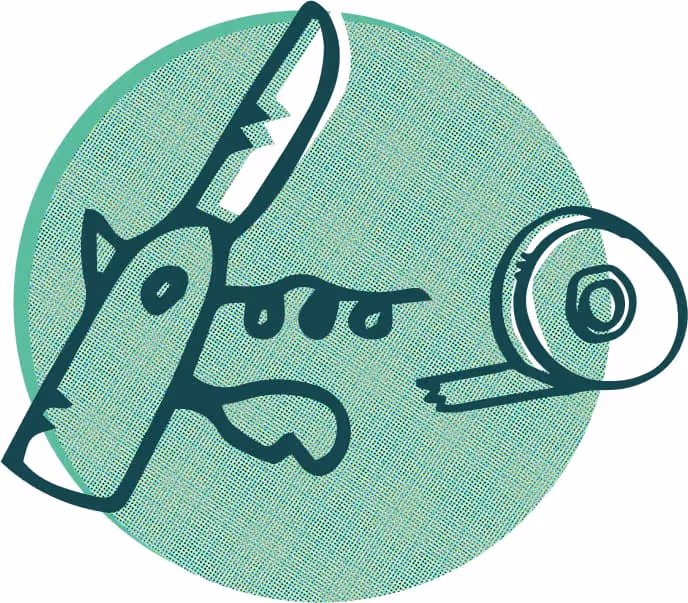 Illustration of a Swiss Army knife and a roll of tape.