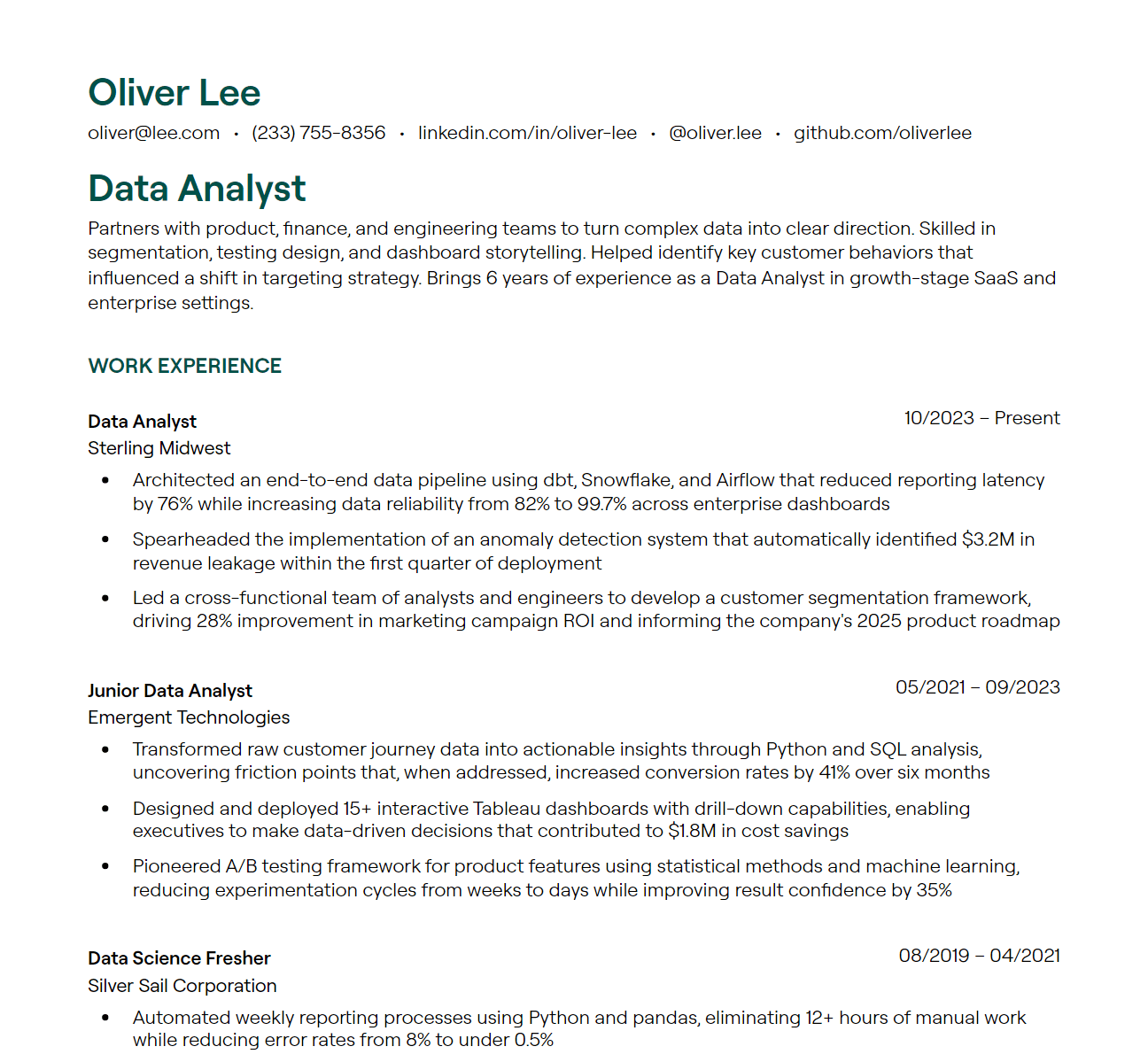 data analyst resume example