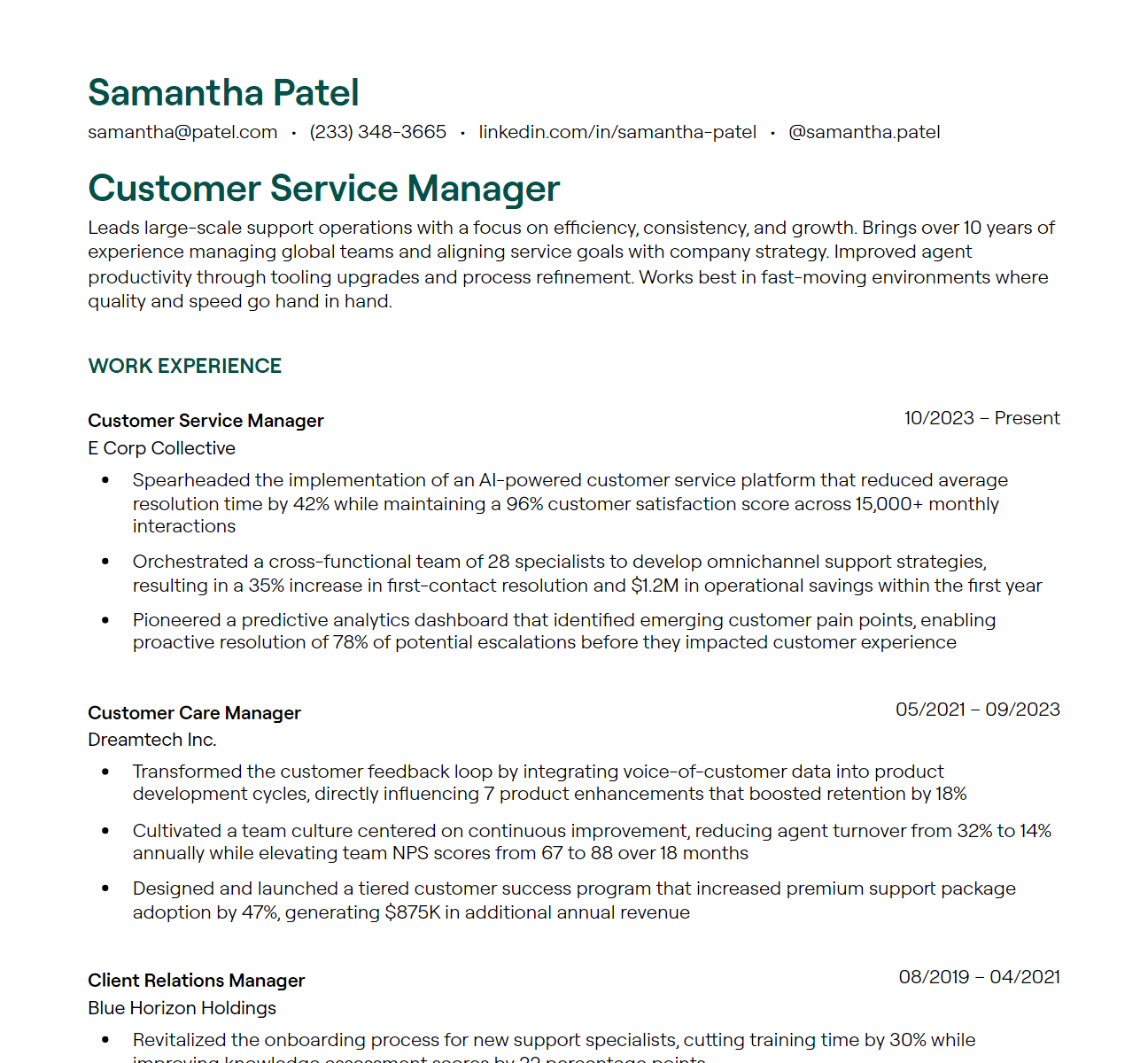 customer service manager resume example