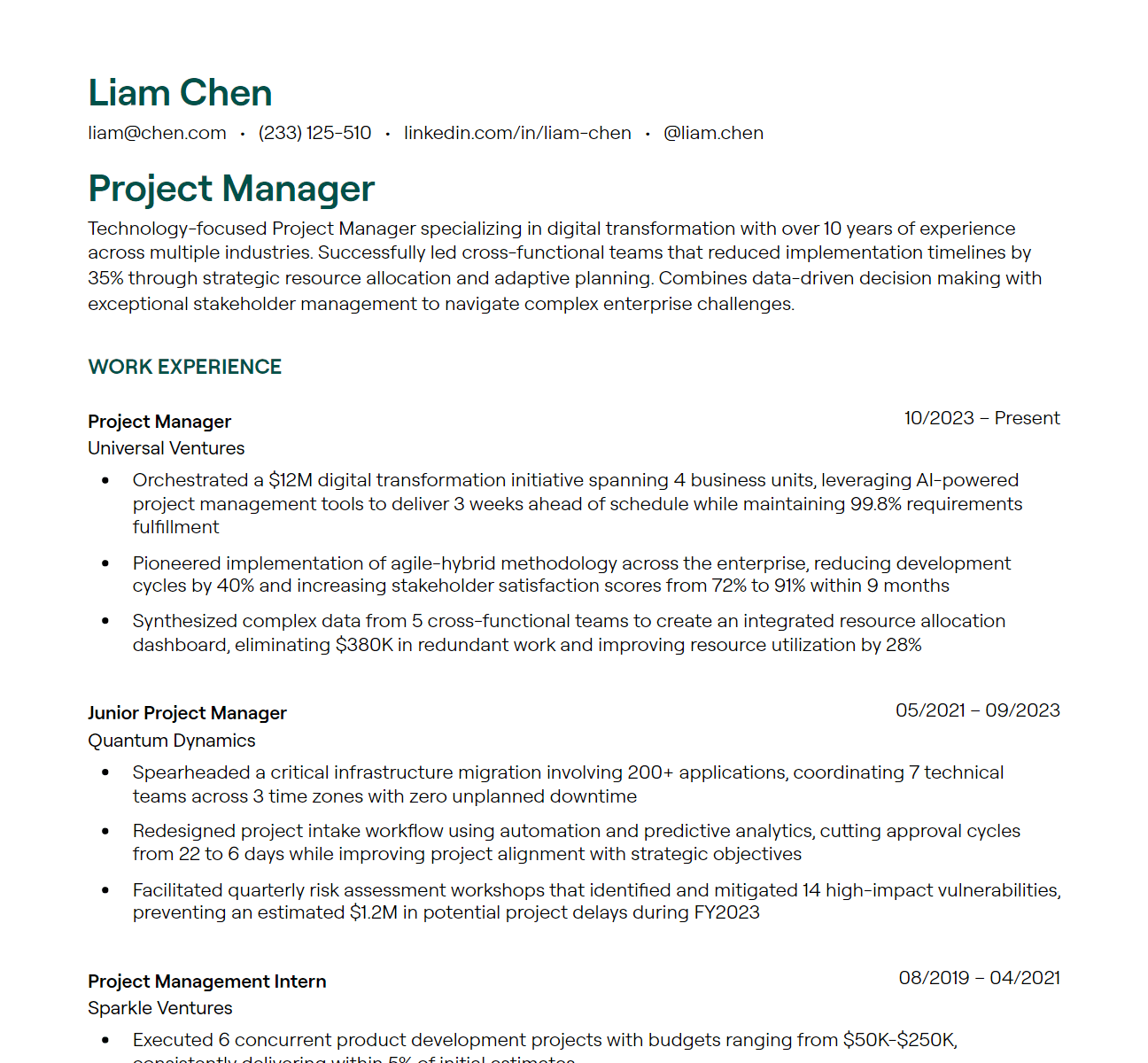 project manager resume example