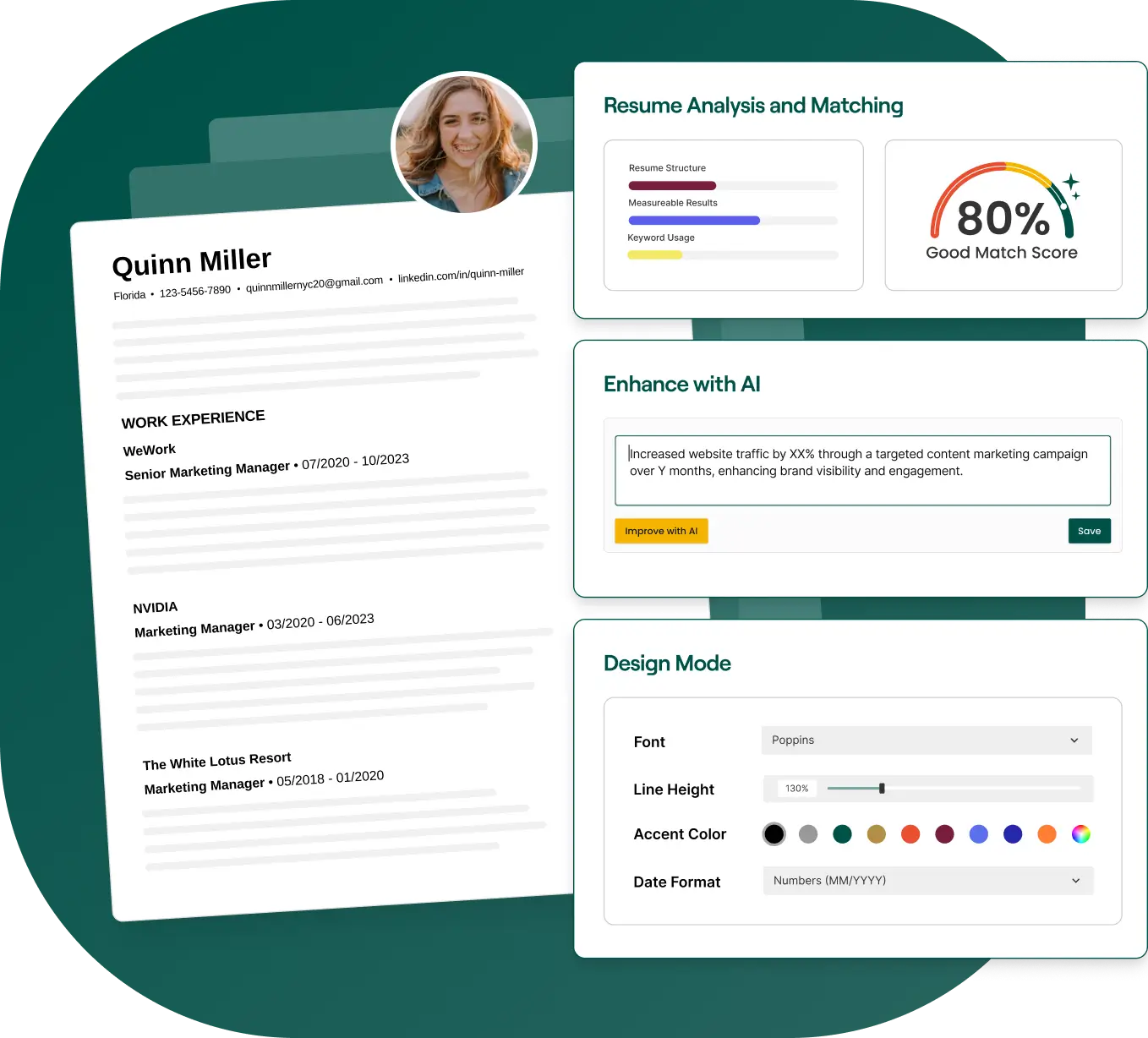 Free AI resume builder interface with resume checker, job matching, and design tools