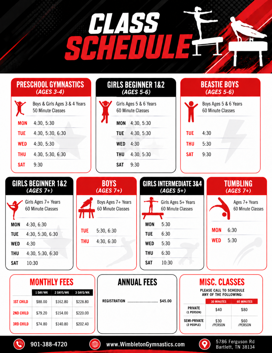 Class schedule for gymnastics classes at Wimbleton Gymnastics with categories by age and skill