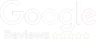Google Reviews text with five yellow stars below on black background.