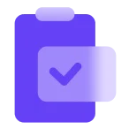 Stylized clipboard icon with a checkmark symbol.