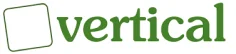 Logo featuring a tilted square outline next to the word 'vertical' in green lowercase letters.