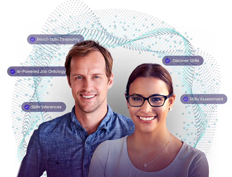 An image of two professionals thinking about Enrich skills taxonomy, AI-powered Job Ontology, Discover Skills, Skills Inference, and Skills Assessment.