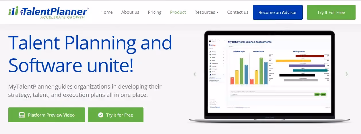 MyTalentPlanner's talent planning homepage with a laptop displays a dashboard with various data visualizations.
