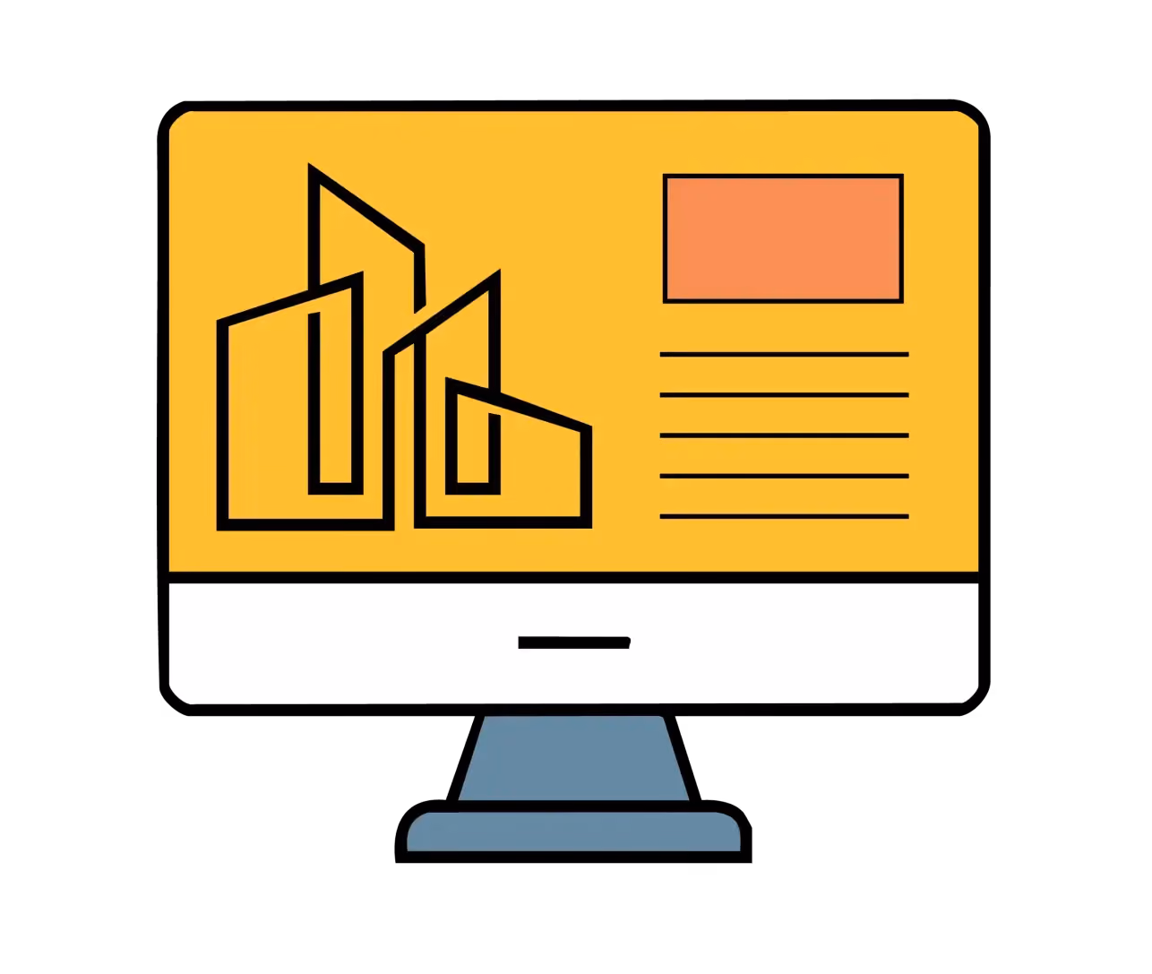 An illustration of a computer monitor displaying an architectural drawing of buildings and some placeholder text.